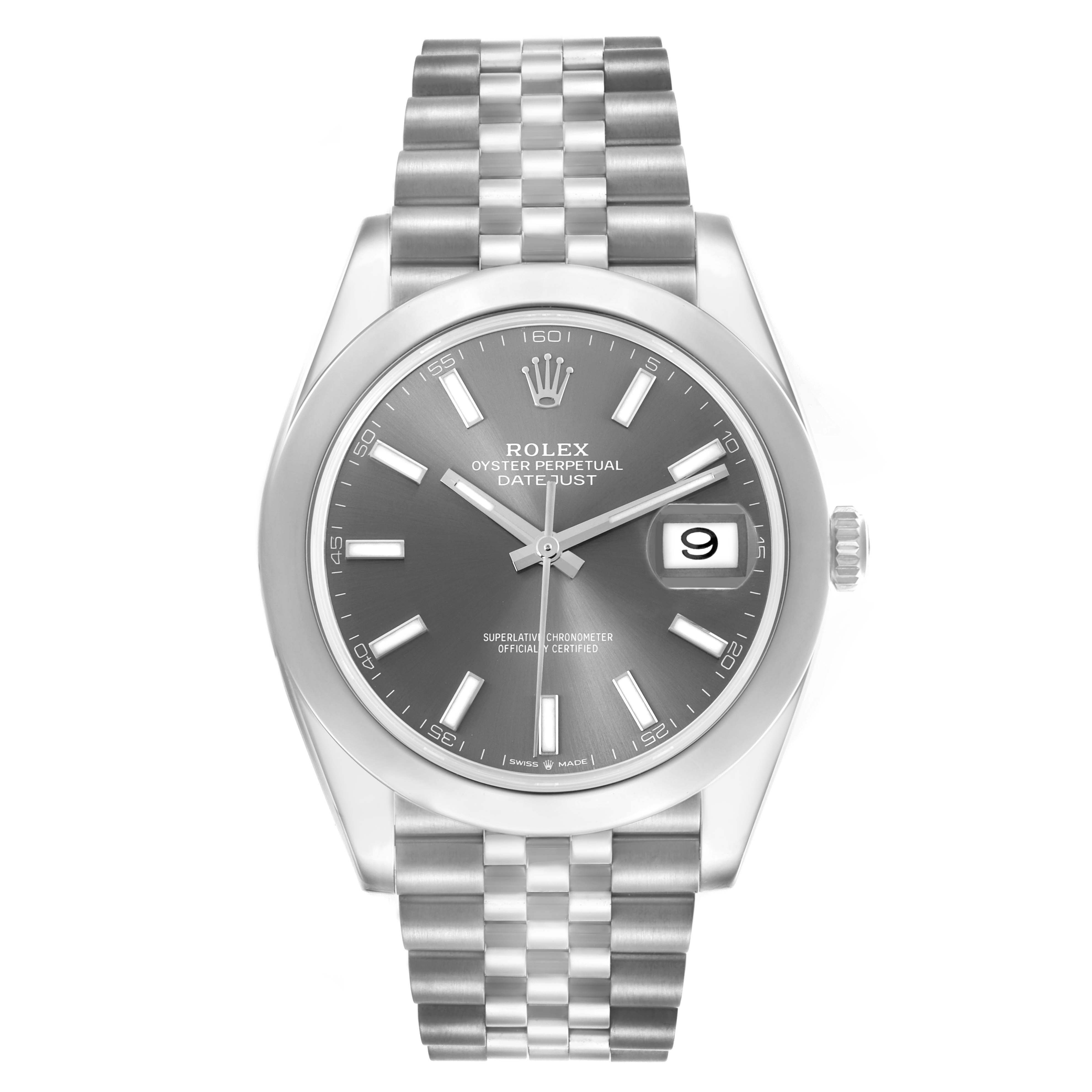 The Rolex Datejust 41 126300 Men's Stainless Steel Grey Dial 126300 Men's Stainless Steel Grey Dial watch is shown from a front angle, displaying the dial, bezel, bracelet, and date window.