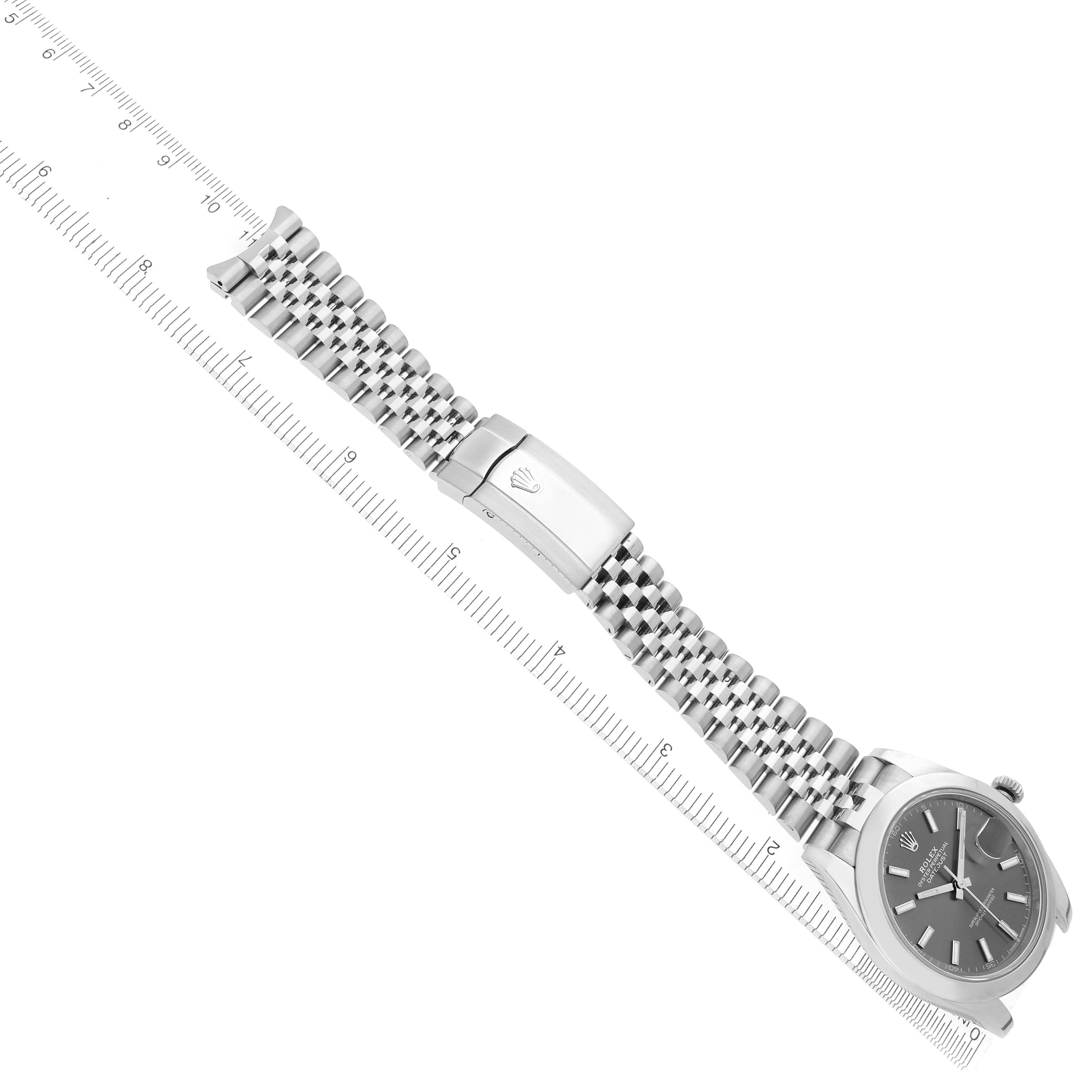 The Rolex Datejust 41 126300 Men's Stainless Steel Grey Dial 126300 Men's Stainless Steel Grey Dial watch is shown from a diagonal top-down angle, highlighting the bracelet and part of the dial.