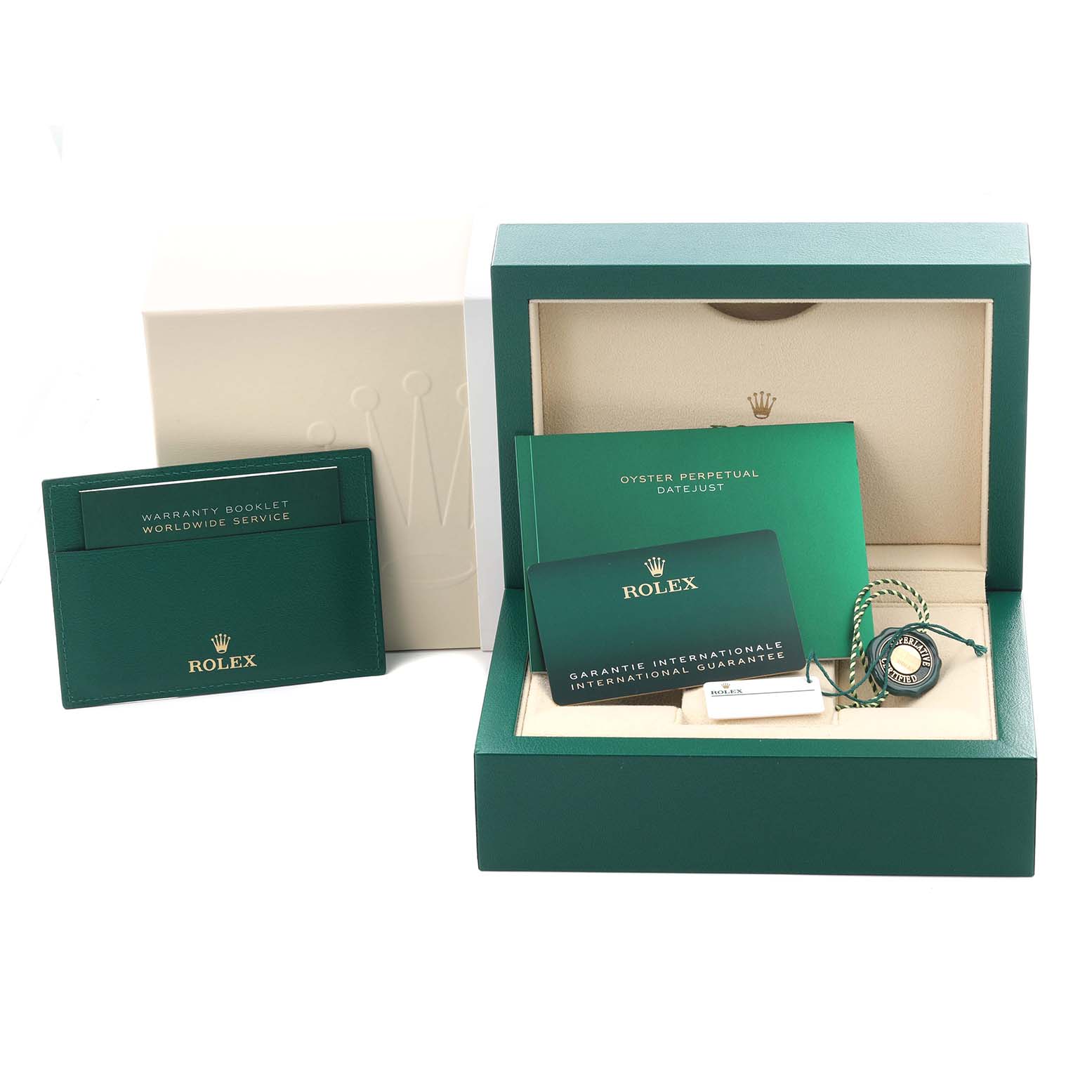 The image shows the Rolex Datejust 41 126300 Men's Stainless Steel Grey Dial 126300 Men's Stainless Steel Grey Dial box, manuals, warranty card, and hang tag from a straight-on angle.