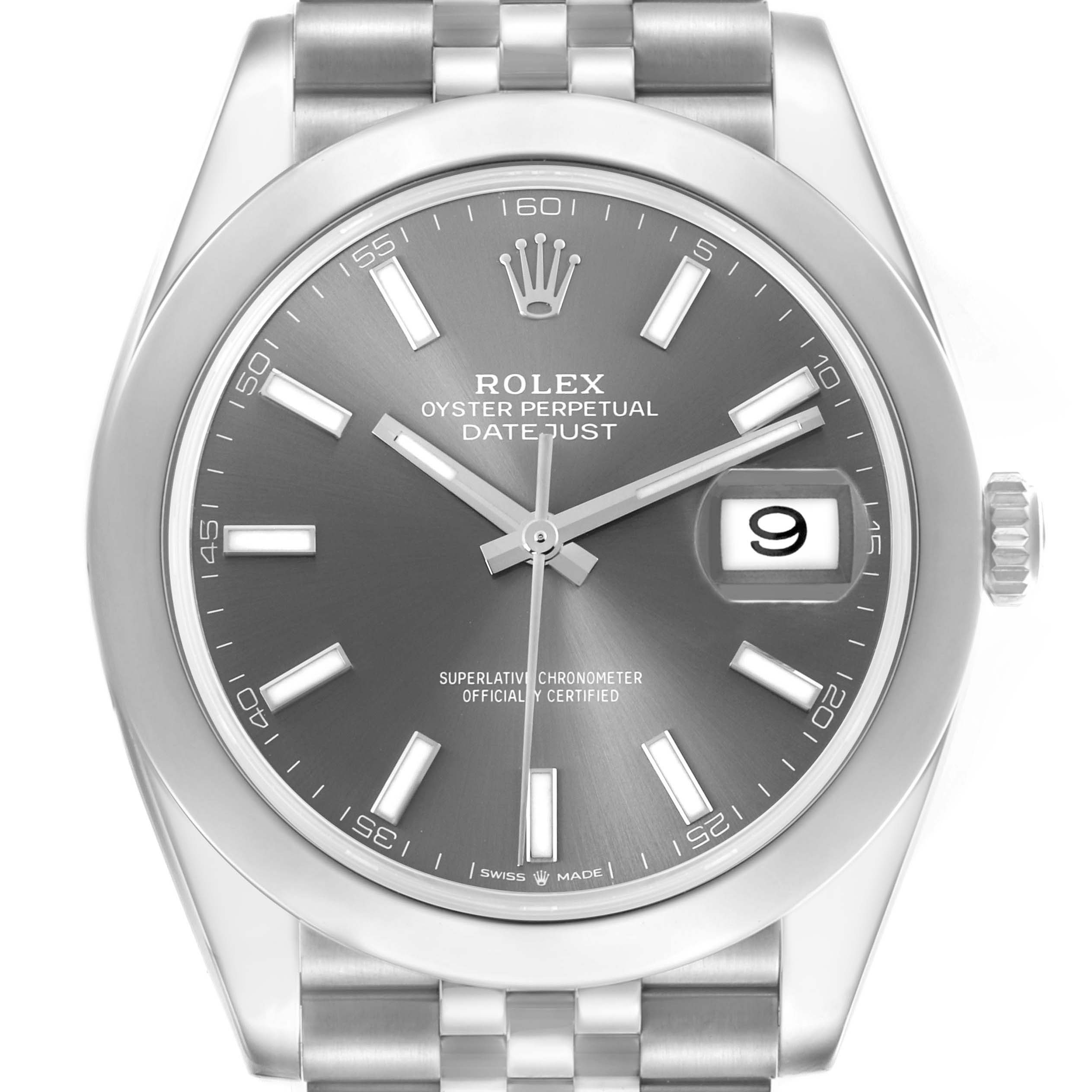 The Rolex Datejust 41 126300 Men's Stainless Steel Grey Dial 126300 Men's Stainless Steel Grey Dial watch is shown from a front angle, displaying the face, dial, hands, date, and parts of the bracelet.