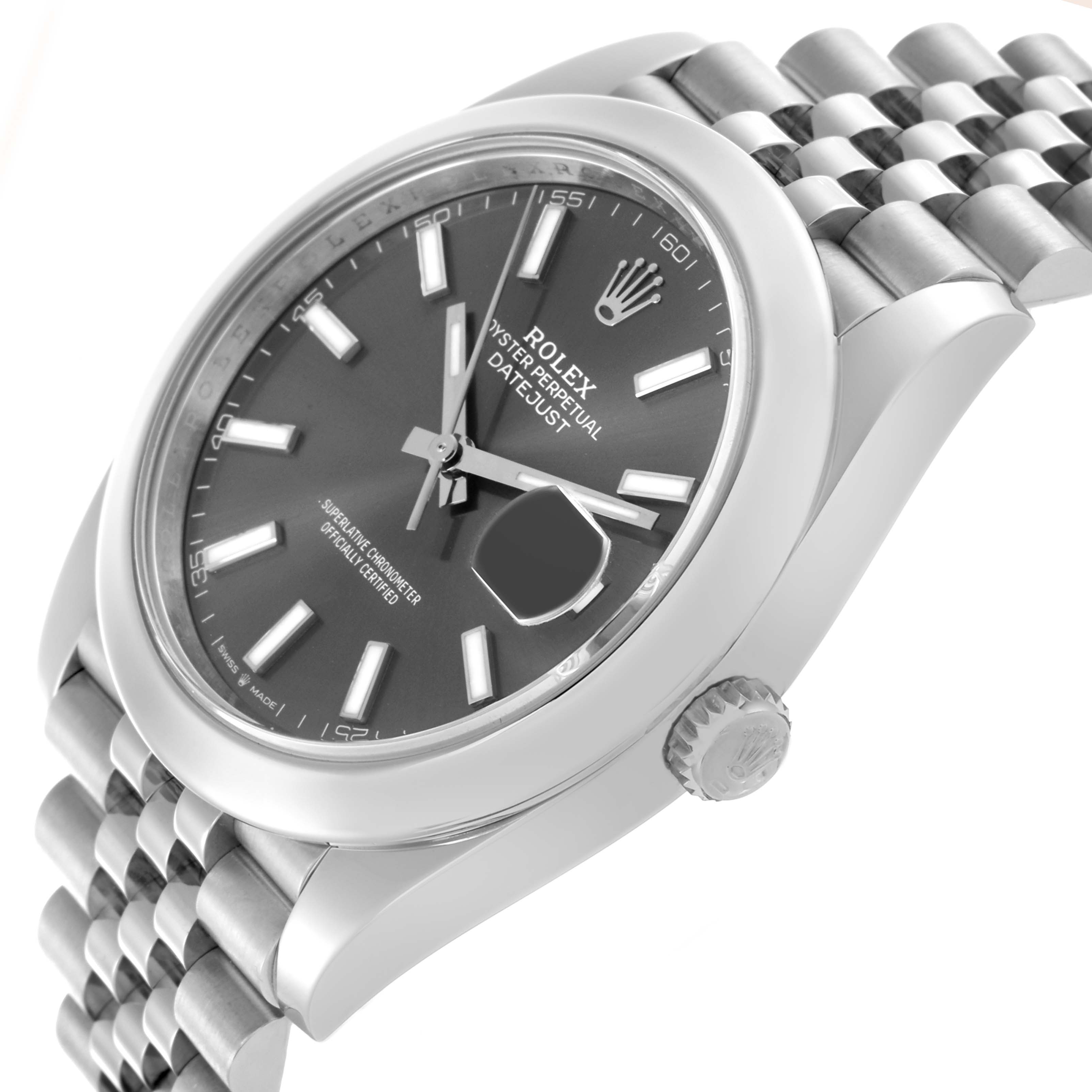 The Rolex Datejust 41 126300 Men's Stainless Steel Grey Dial 126300 Men's Stainless Steel Grey Dial is shown at a slight angle displaying the dial, crown, and part of the bracelet.