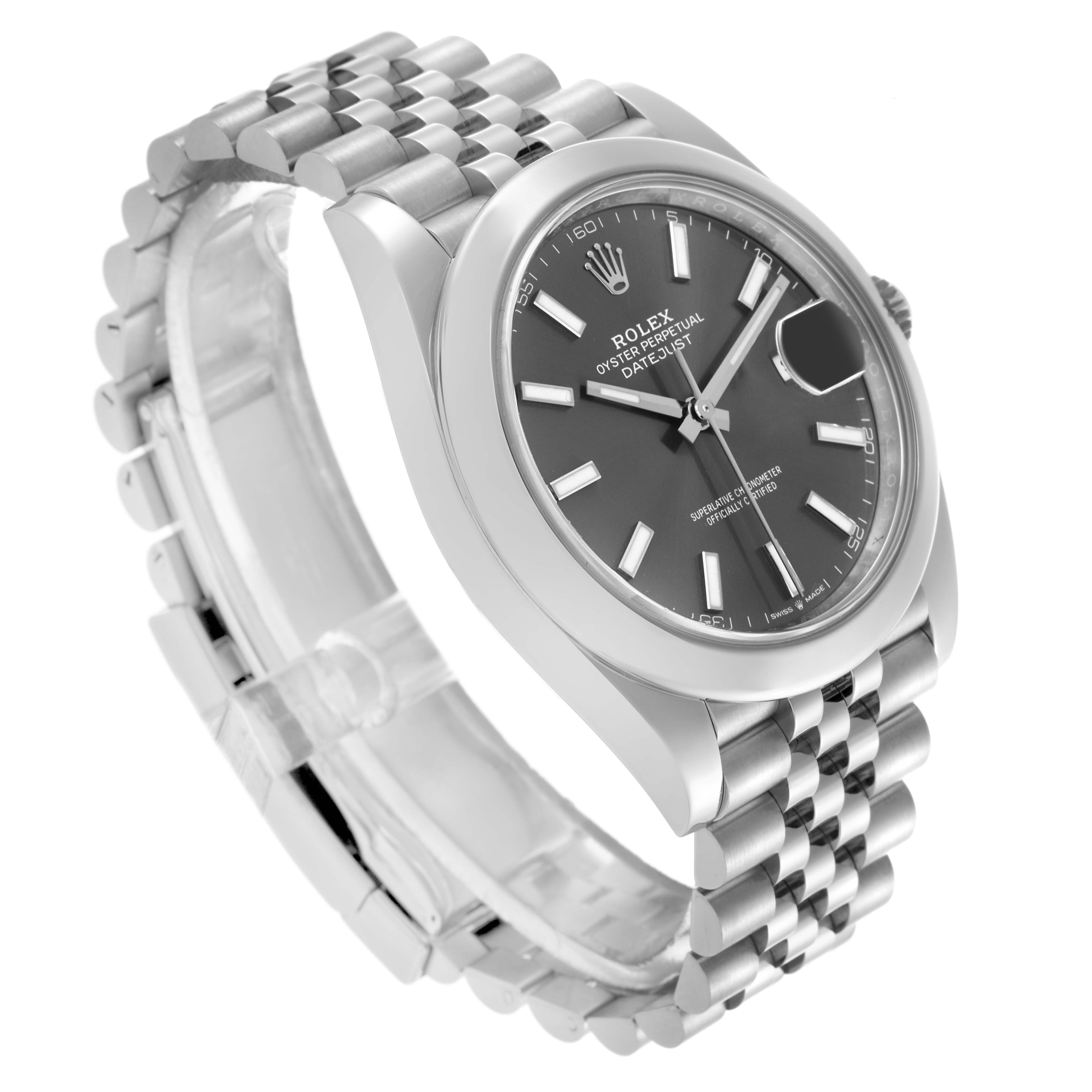 The Rolex Datejust 41 126300 Men's Stainless Steel Grey Dial 126300 Men's Stainless Steel Grey Dial is shown at a three-quarter angle, displaying the face, bezel, crown, and part of the bracelet.