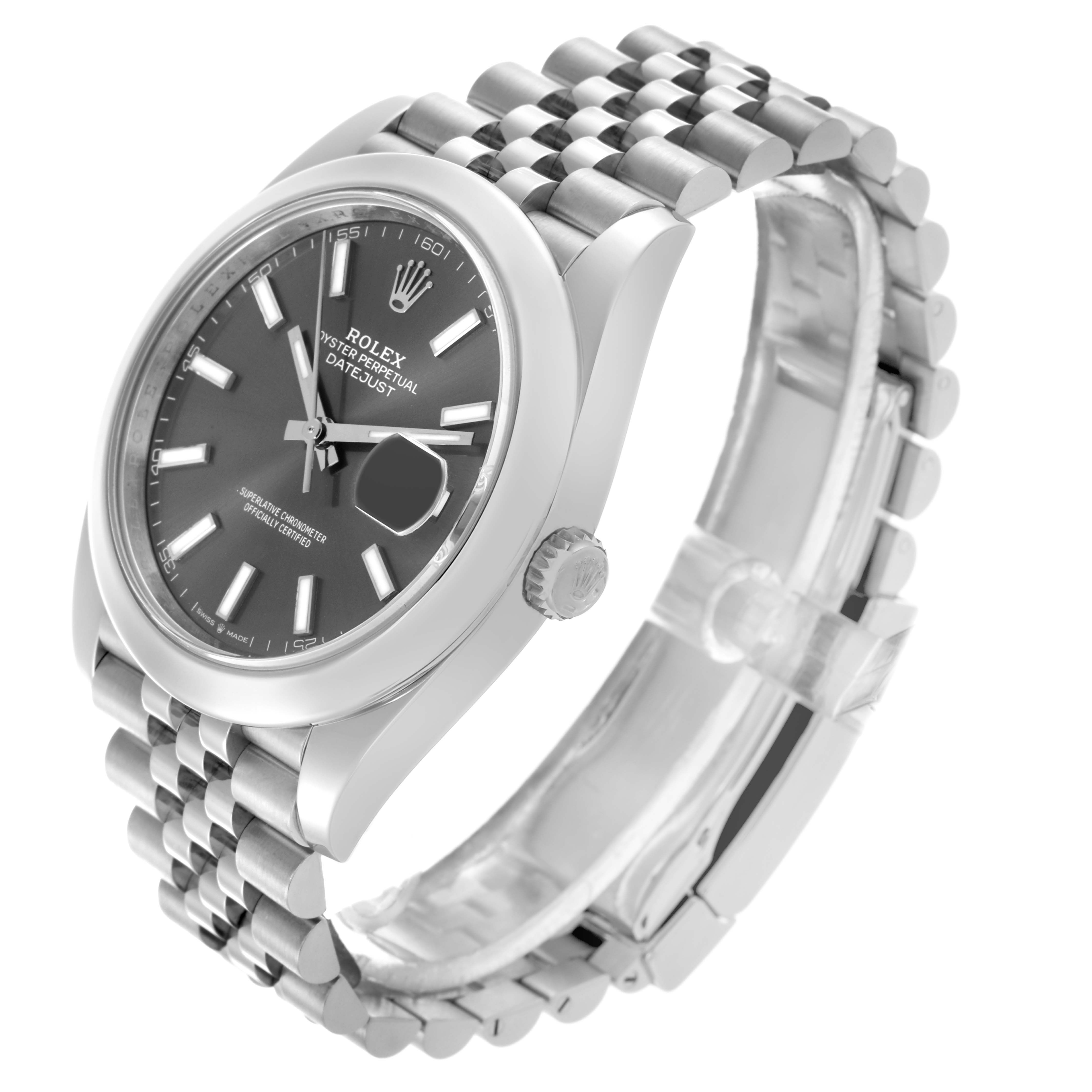 The Rolex Datejust 41 126300 Men's Stainless Steel Grey Dial 126300 Men's Stainless Steel Grey Dial is shown at a diagonal angle, highlighting the face, bezel, and jubilee bracelet.