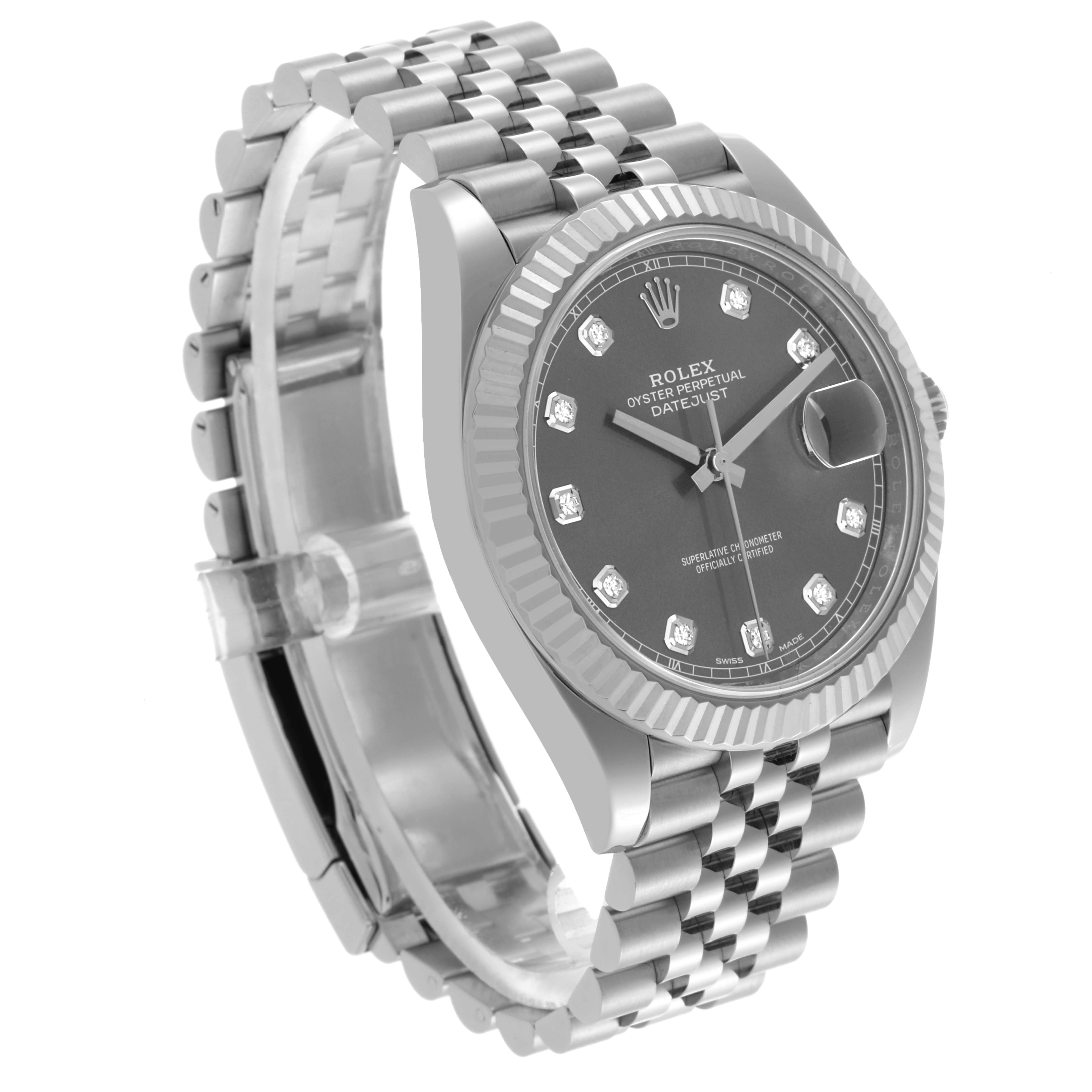The Rolex Datejust 41 126334 Men's Stainless Steel Grey Dial 126334 Men's Stainless Steel Grey Dial is shown at a three-quarter angle, displaying the dial, bezel, and bracelet.
