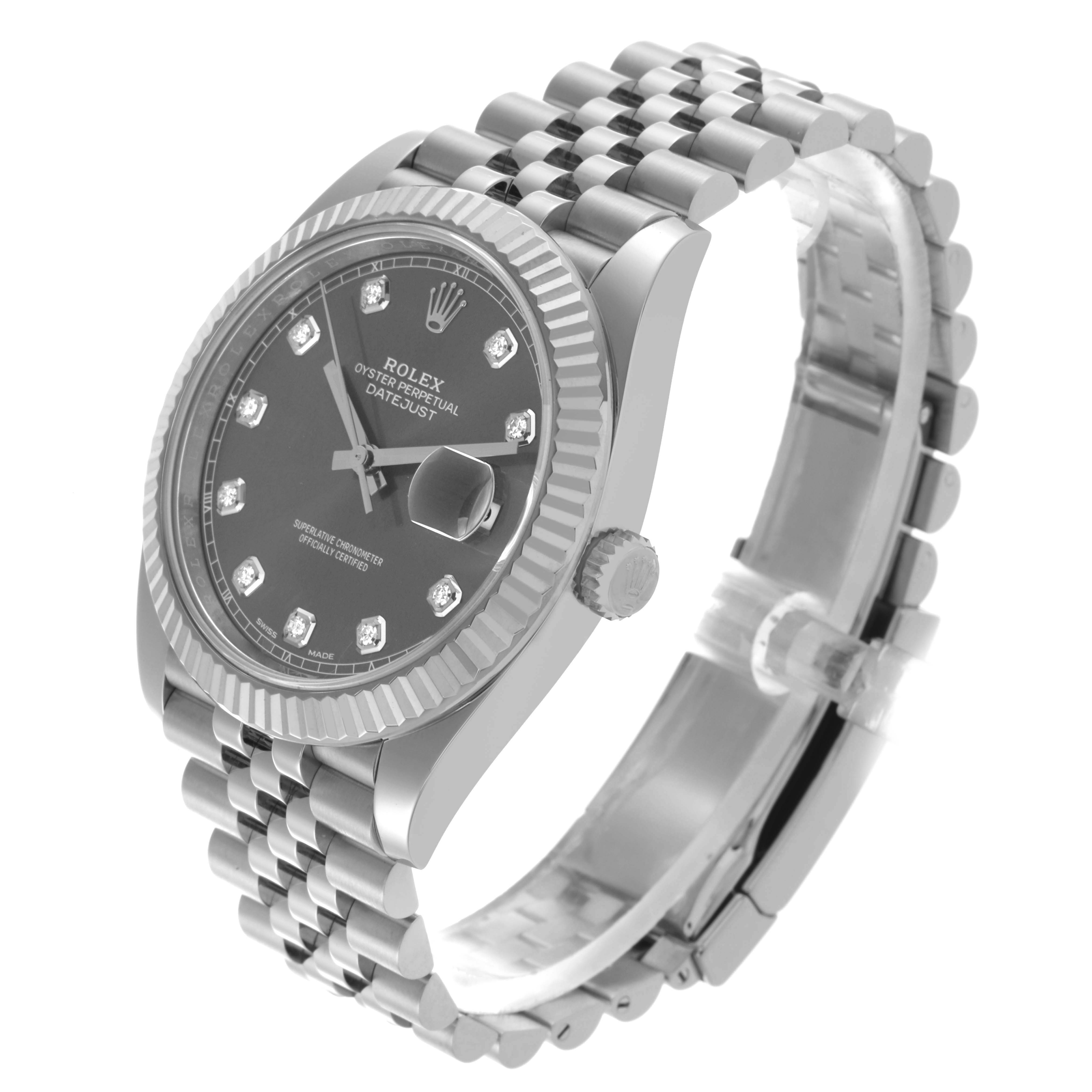The Rolex Datejust 41 126334 Men's Stainless Steel Grey Dial 126334 Men's Stainless Steel Grey Dial is shown from an angled side view, highlighting the watch face, bezel, crown, and bracelet.