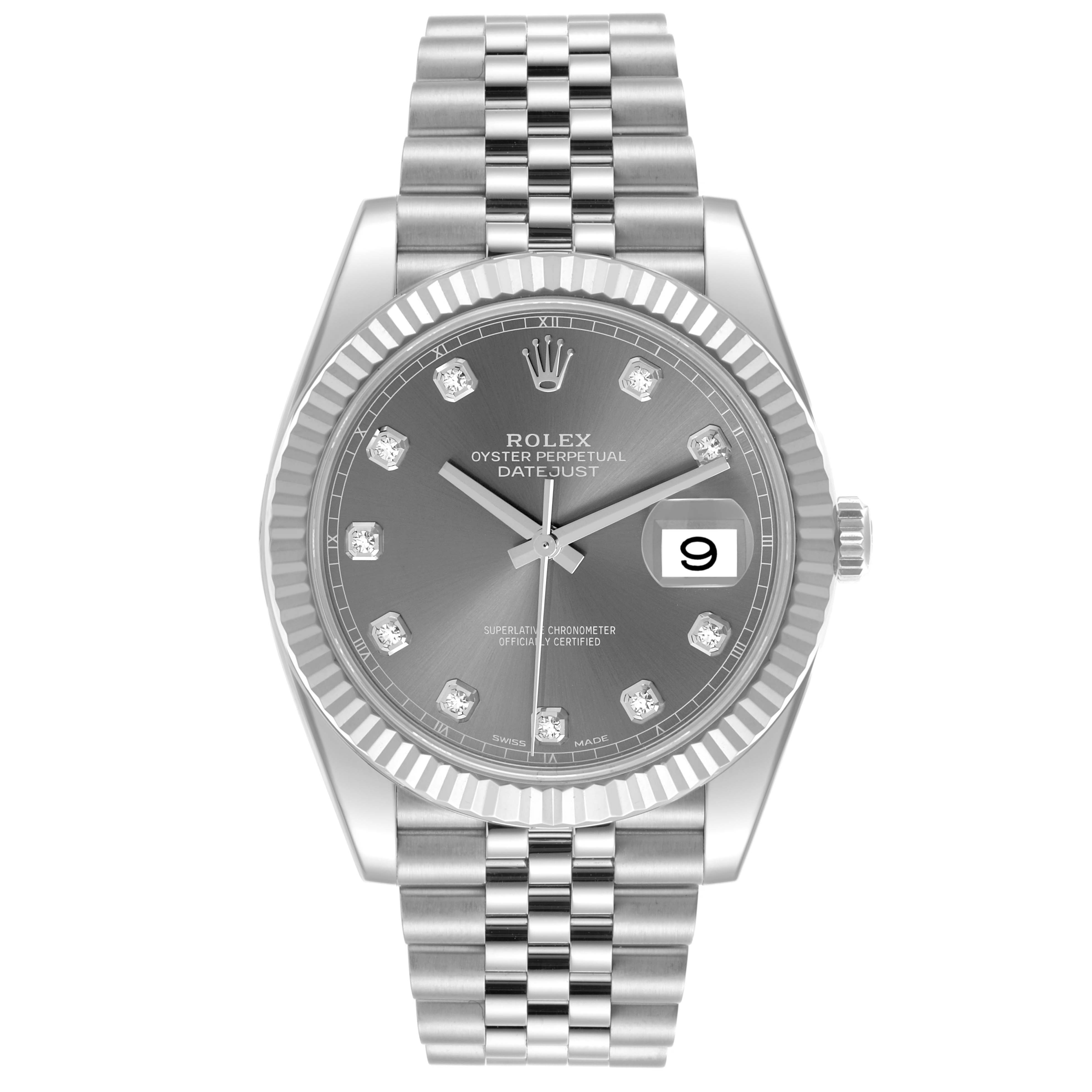 The image shows a front view of the Rolex Datejust 41 126334 Men's Stainless Steel Grey Dial 126334 Men's Stainless Steel Grey Dial with a fluted bezel, silver dial, and Jubilee bracelet.