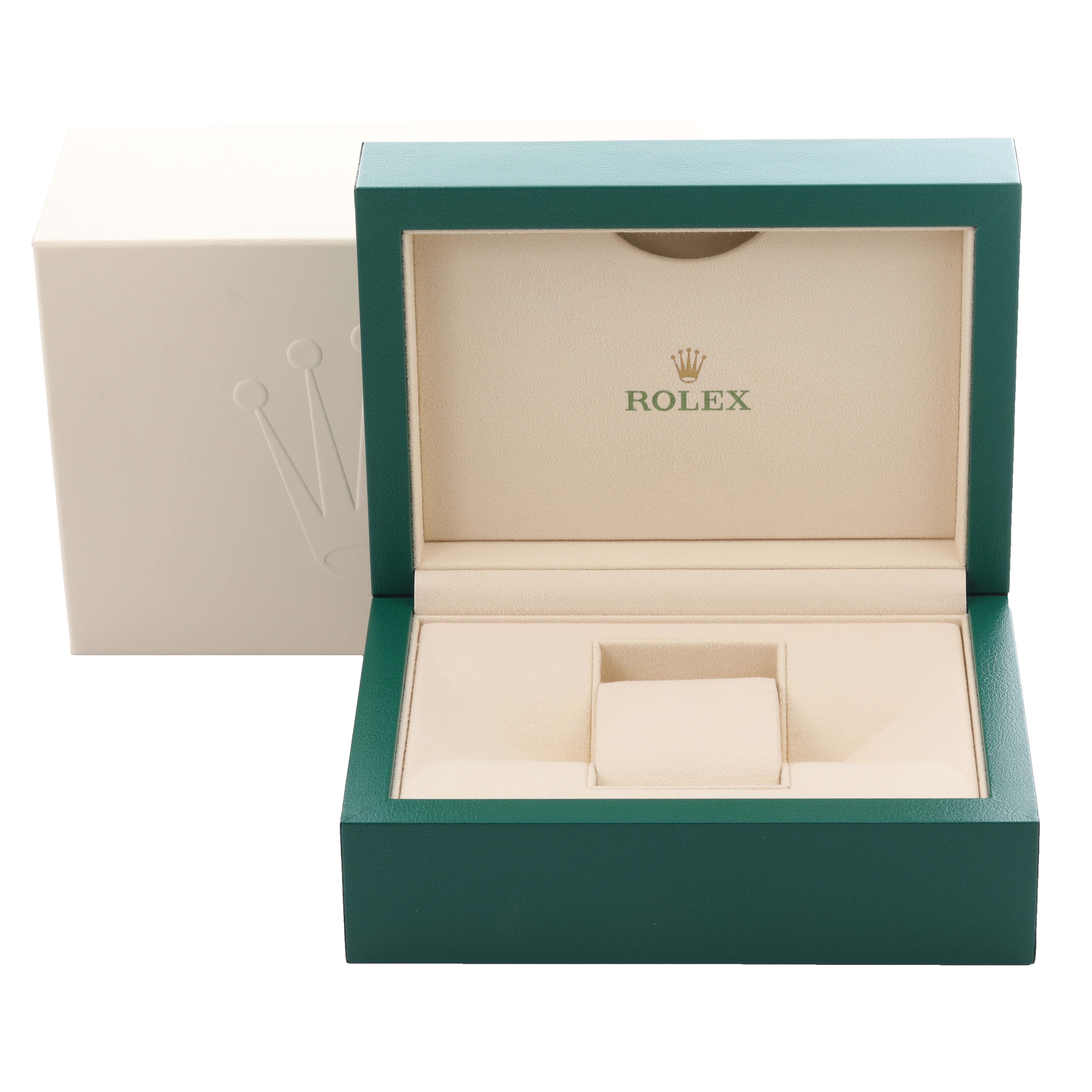 The image shows an open green and beige box for a Rolex Datejust 41 126334 Men's Stainless Steel Grey Dial 126334 Men's Stainless Steel Grey Dial, displaying the interior compartments.