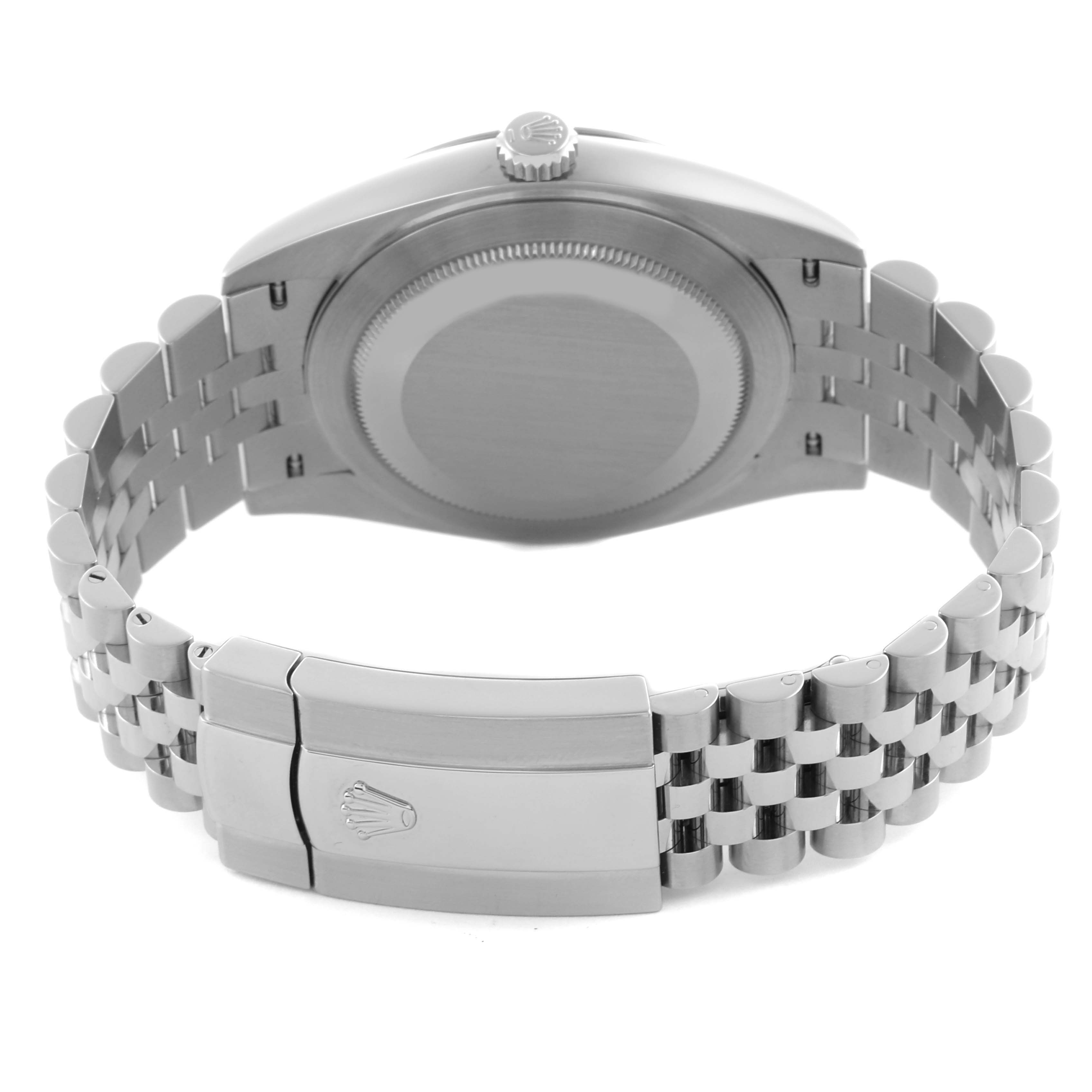 The image shows the back of the Rolex Datejust 41 126334 Men's Stainless Steel Grey Dial 126334 Men's Stainless Steel Grey Dial watch, focusing on its case, crown, and Jubilee bracelet clasp.