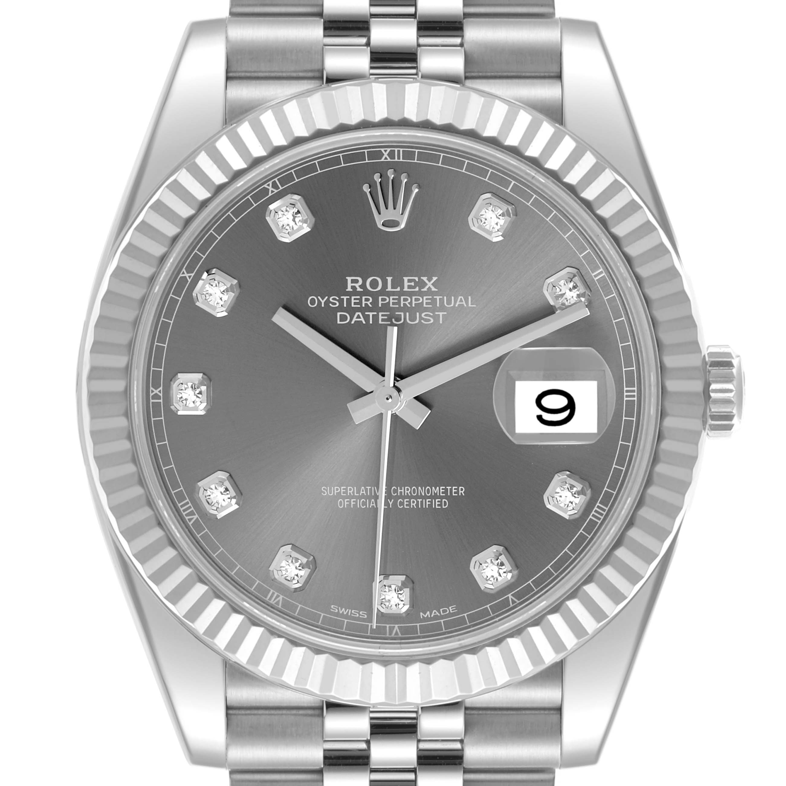 The Rolex Datejust 41 126334 Men's Stainless Steel Grey Dial 126334 Men's Stainless Steel Grey Dial is shown from the front, highlighting the dial, bezel, crown, and part of the bracelet.
