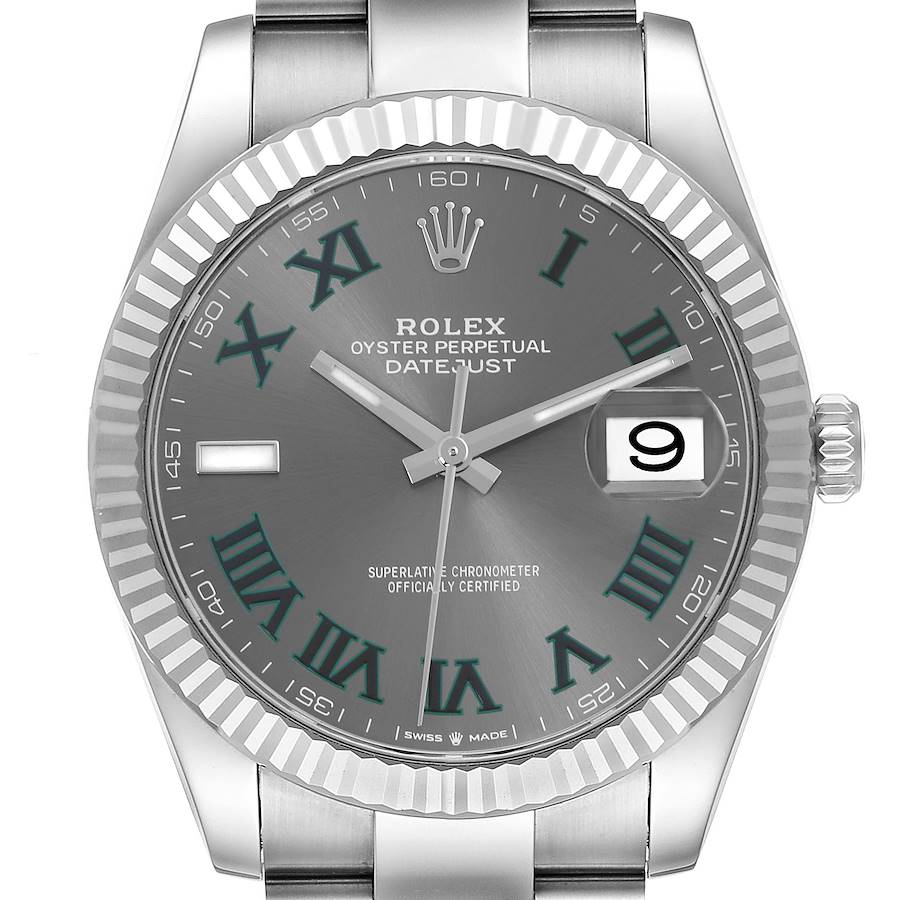 The image shows a front view of the Rolex Datejust 41, highlighting the dial, fluted bezel, crown, and bracelet.