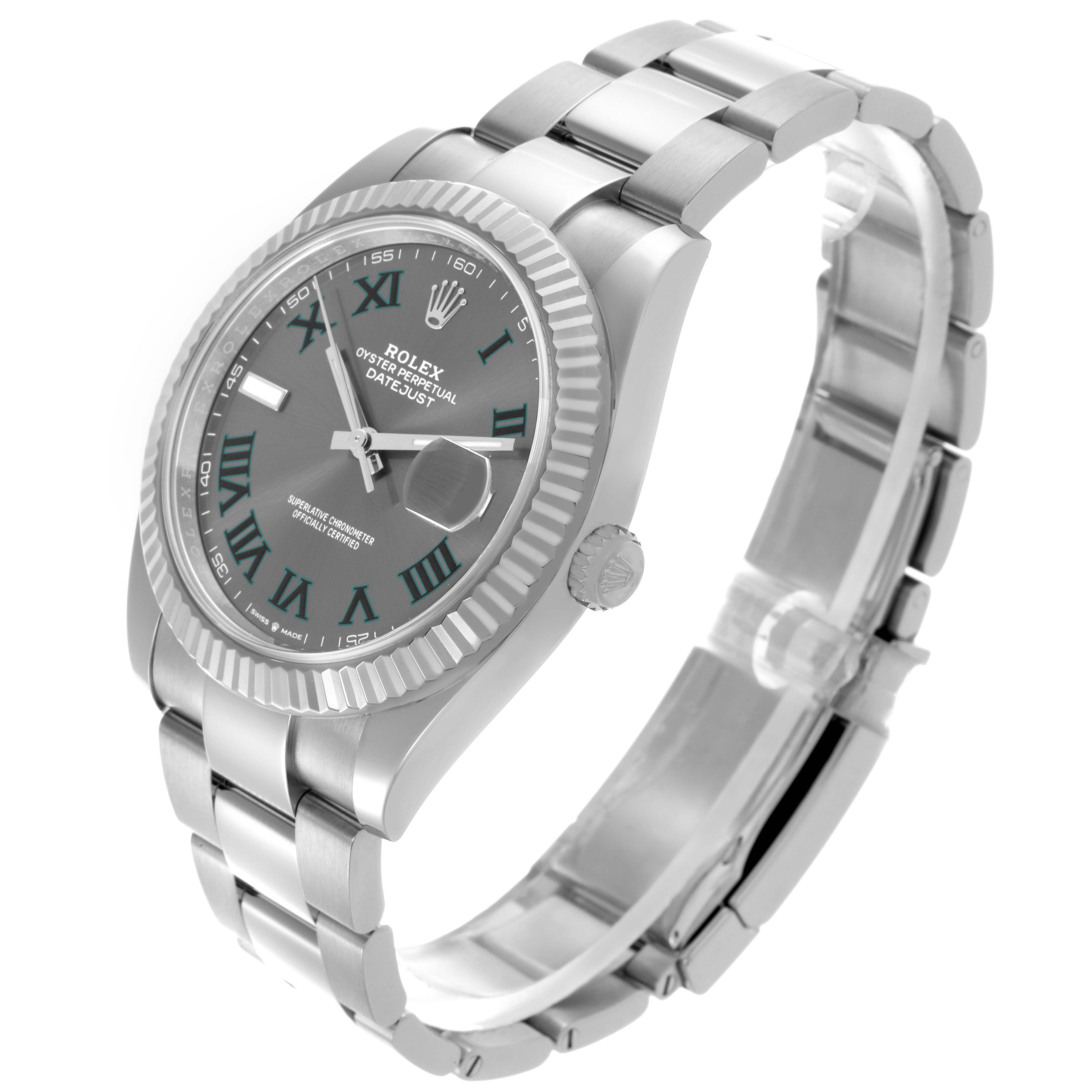 The Rolex Datejust 41 126334 Men's Stainless Steel Grey Dial 126334 Men's Stainless Steel Grey Dial watch is shown at a three-quarter angle, highlighting the dial, bezel, and bracelet.