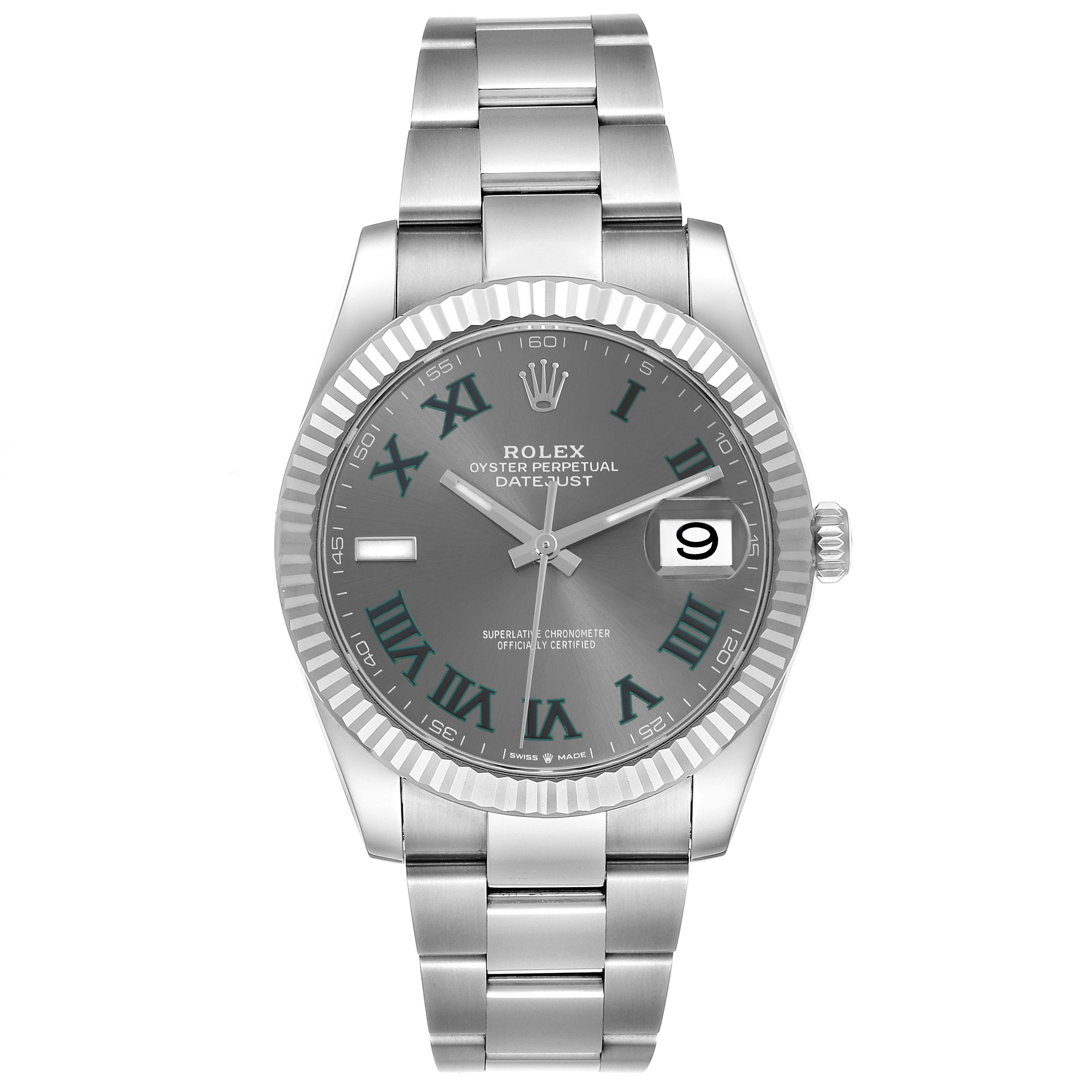 The Rolex Datejust 41 126334 Men's Stainless Steel Grey Dial 126334 Men's Stainless Steel Grey Dial is shown from a front angle, highlighting its dial, bezel, and bracelet.