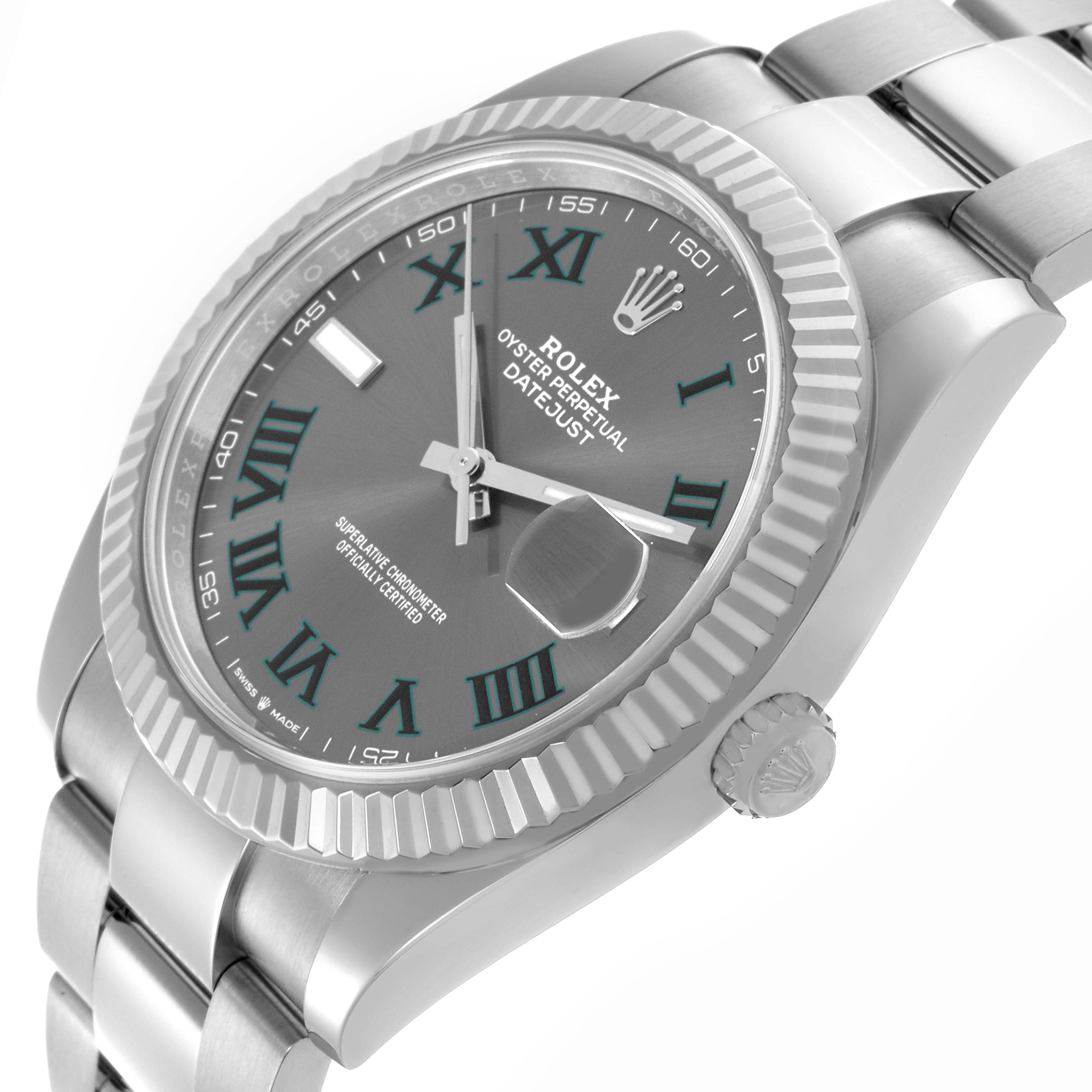 The Rolex Datejust 41 126334 Men's Stainless Steel Grey Dial 126334 Men's Stainless Steel Grey Dial watch is shown at a side angle, displaying its fluted bezel, dial, crown, and part of the bracelet.