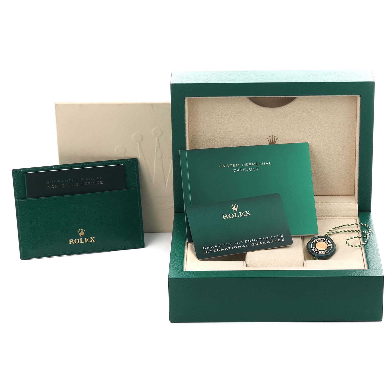 The image shows the packaging and accessories for the Rolex Datejust 41 126334 Men's Stainless Steel Grey Dial 126334 Men's Stainless Steel Grey Dial, including the box, instruction manual, and guarantee card.