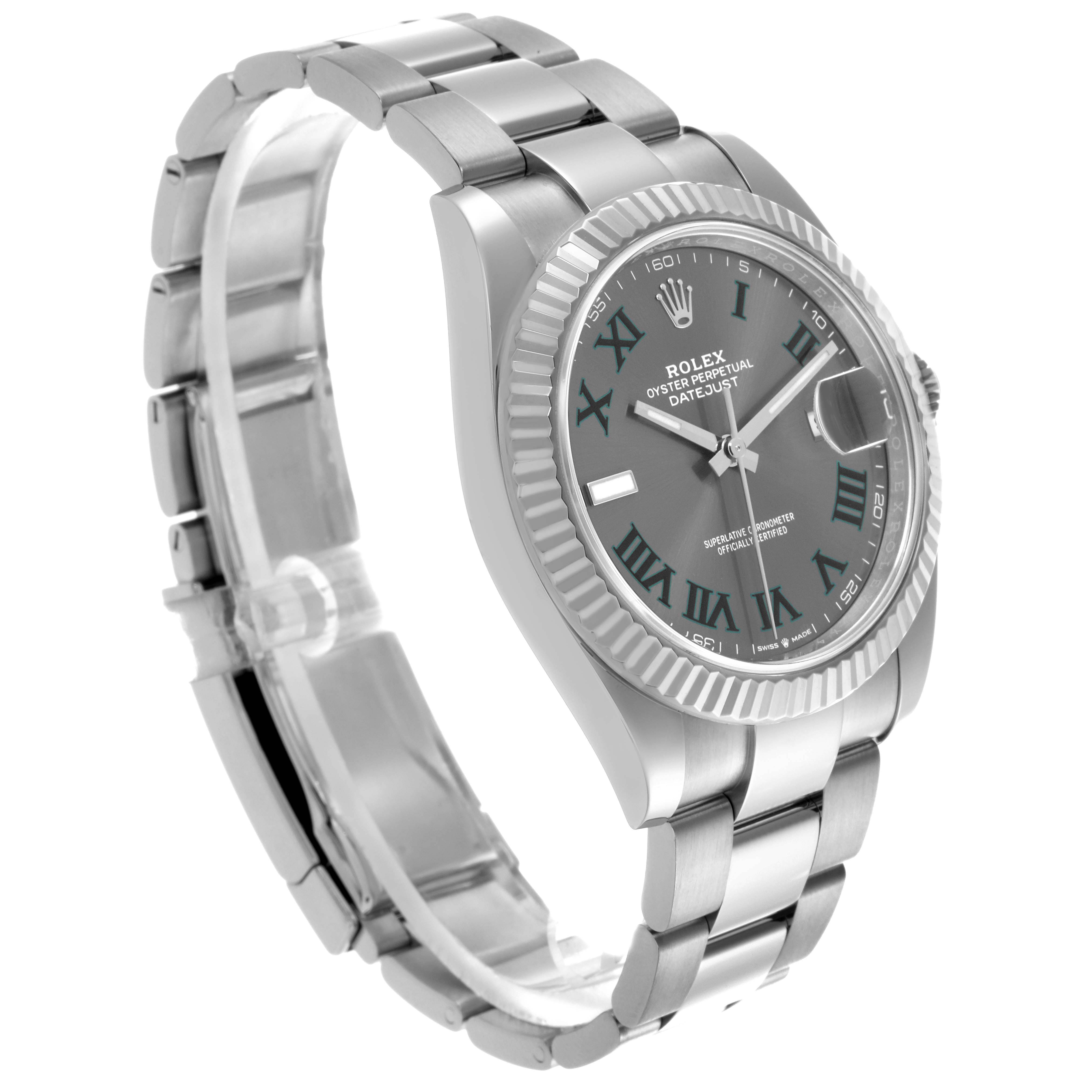 The Rolex Datejust 41 126334 Men's Stainless Steel Grey Dial 126334 Men's Stainless Steel Grey Dial is shown at a three-quarter angle, highlighting its face, bezel, and bracelet.