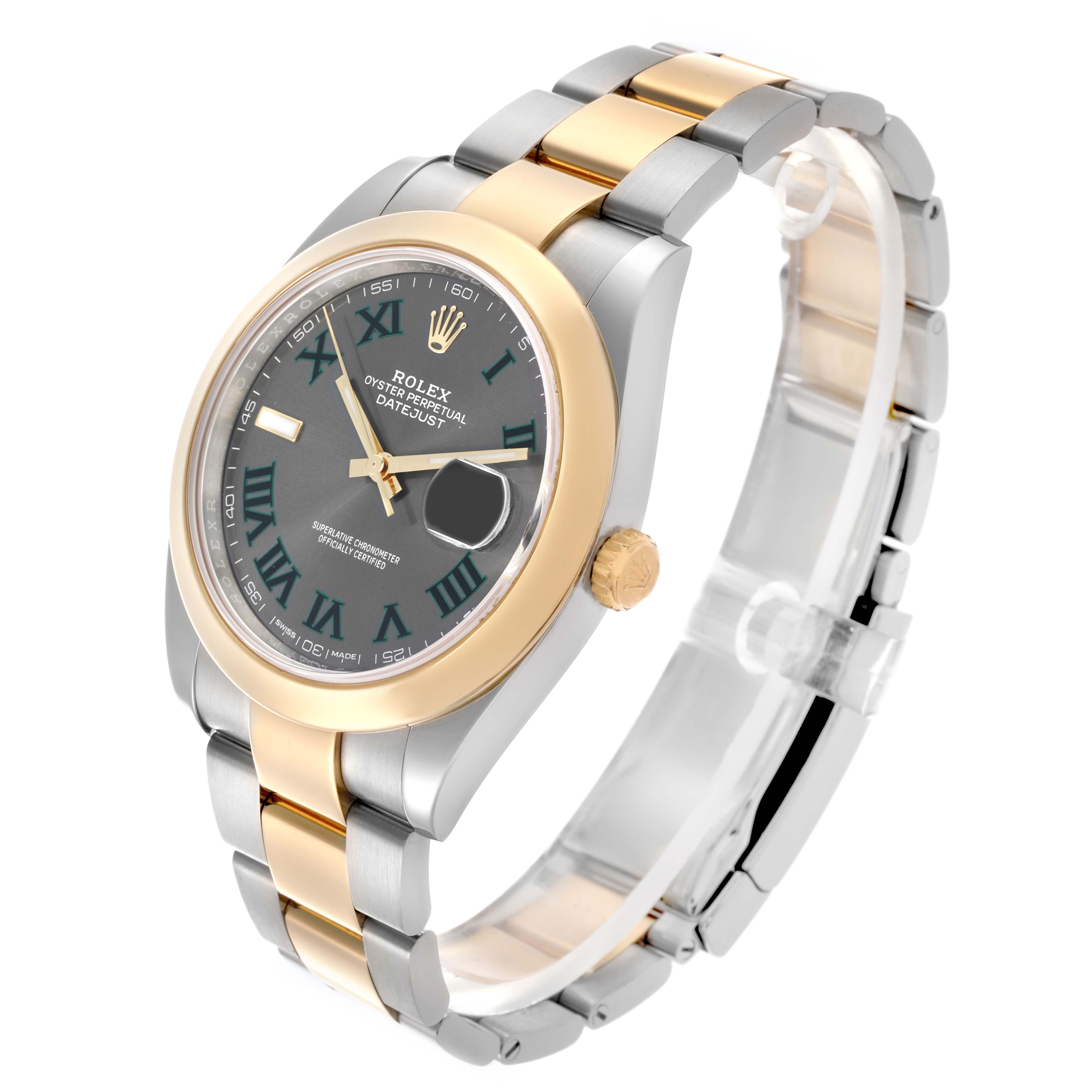 The Rolex Datejust 41 126303 Men's Steel and Gold (two tone) Grey Dial 126303 Men's Steel and Gold (two tone) Grey Dial watch is shown at an angled side view, highlighting the face, bezel, and two-tone bracelet.