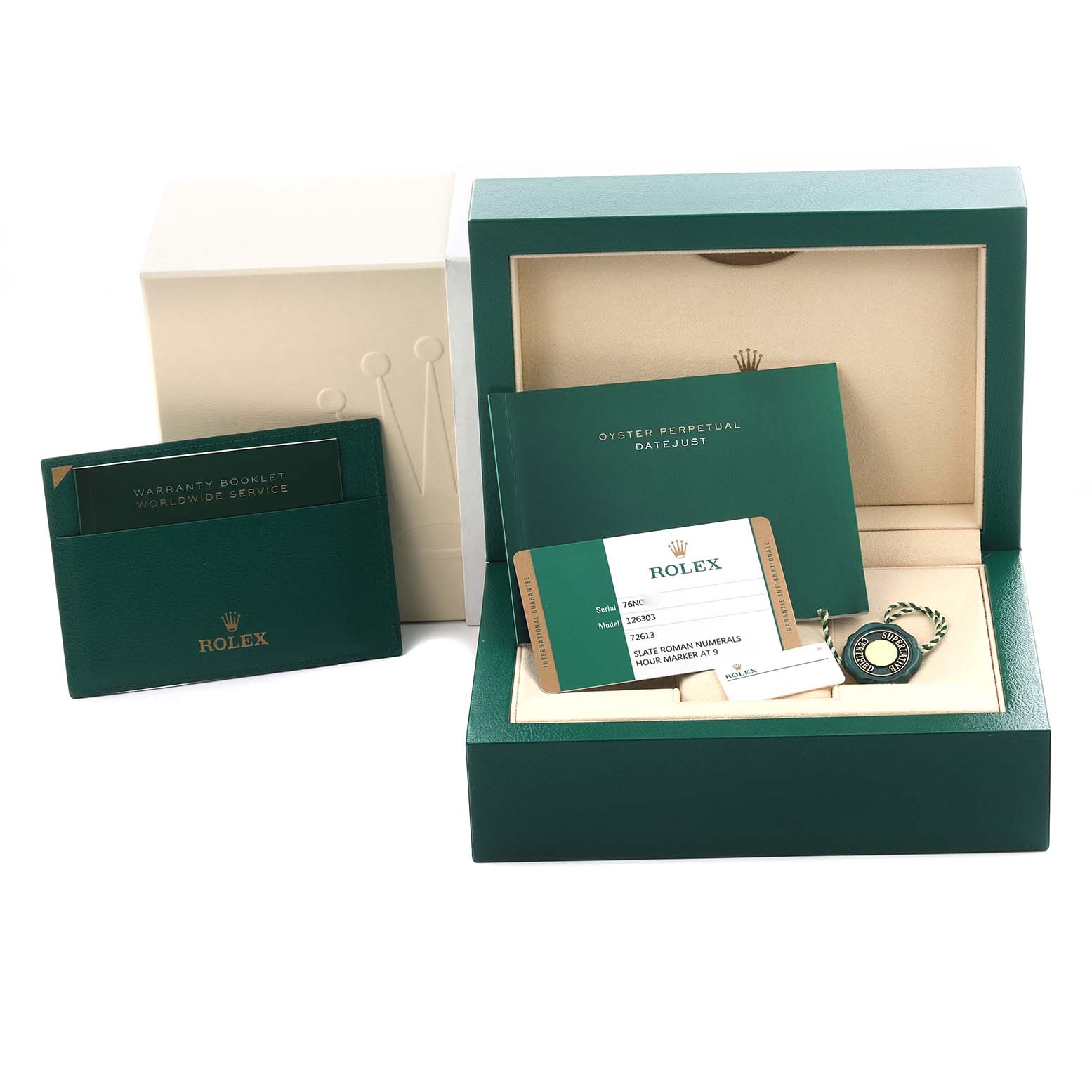 The image shows the Rolex Datejust 41 126303 Men's Steel and Gold (two tone) Grey Dial 126303 Men's Steel and Gold (two tone) Grey Dial box, warranty booklet, and certification card from an angled, open-box view.