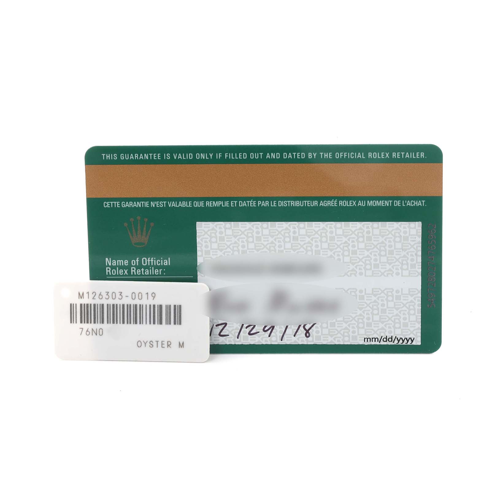 The image shows a warranty card and a tag for the Rolex Datejust 41 126303 Men's Steel and Gold (two tone) Grey Dial 126303 Men's Steel and Gold (two tone) Grey Dial model, viewed from above.