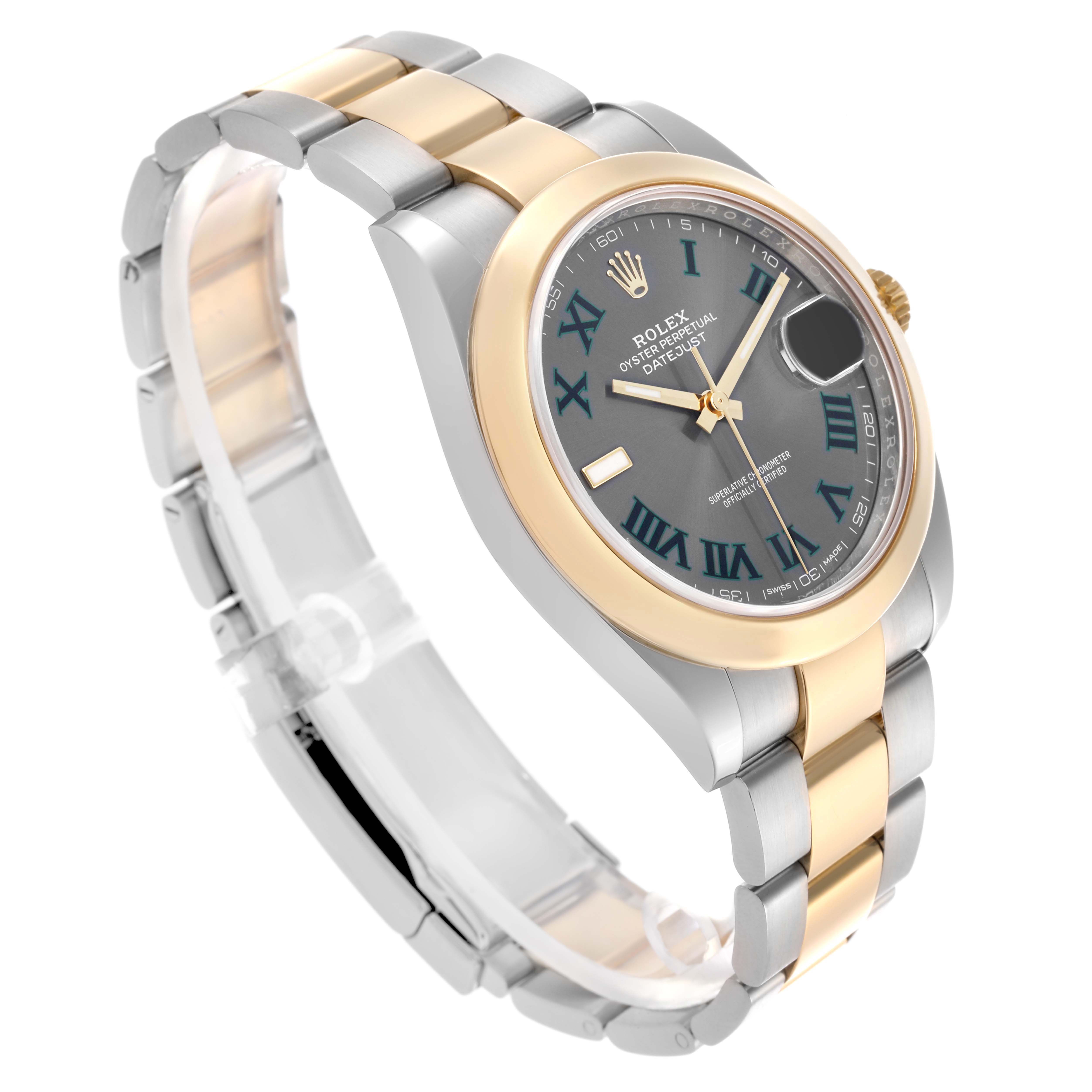 The Rolex Datejust 41 126303 Men's Steel and Gold (two tone) Grey Dial 126303 Men's Steel and Gold (two tone) Grey Dial is shown from an angled side view, highlighting its two-tone bracelet, dial, and gold bezel.