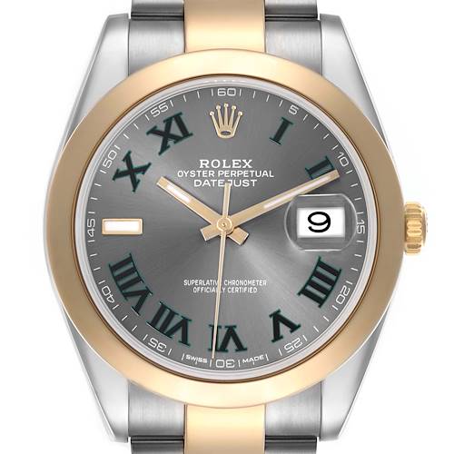 The Rolex Datejust 41 watch is shown from the front, highlighting the dial, bezel, and part of the bracelet.