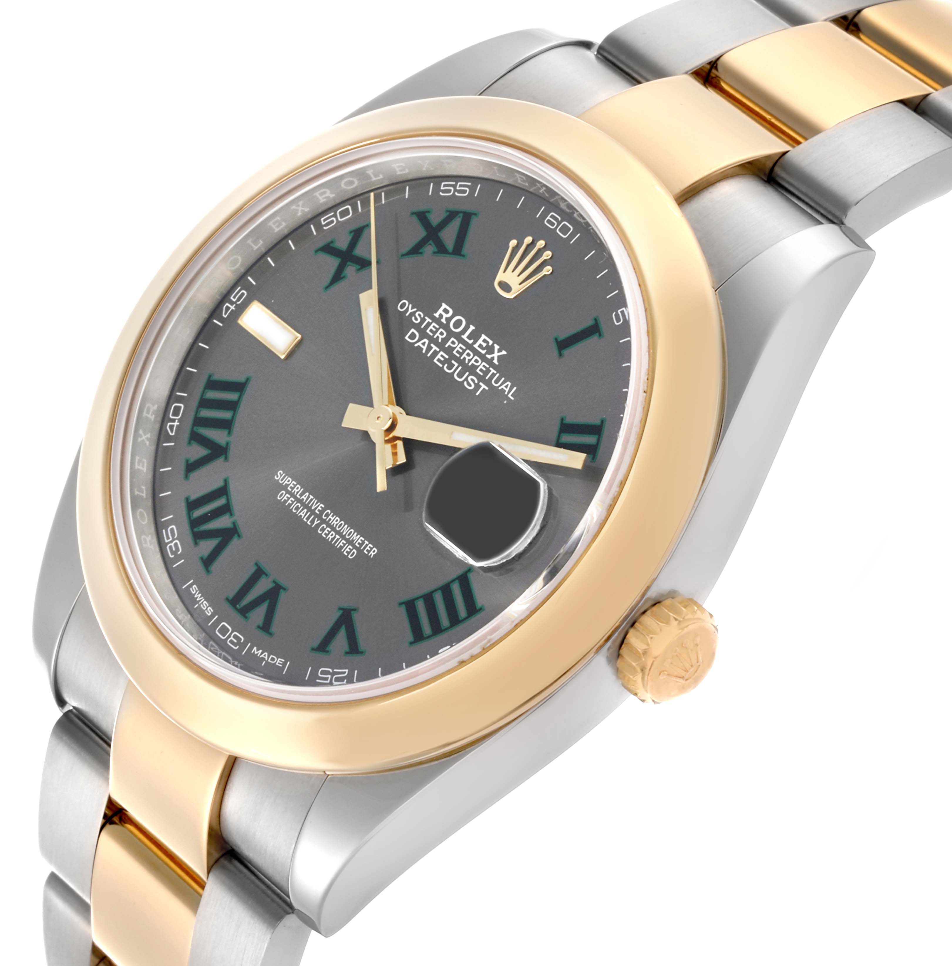 The Rolex Datejust 41 126303 Men's Steel and Gold (two tone) Grey Dial 126303 Men's Steel and Gold (two tone) Grey Dial is shown at an angled view, highlighting the two-tone bracelet, crown, and watch face with date magnification.