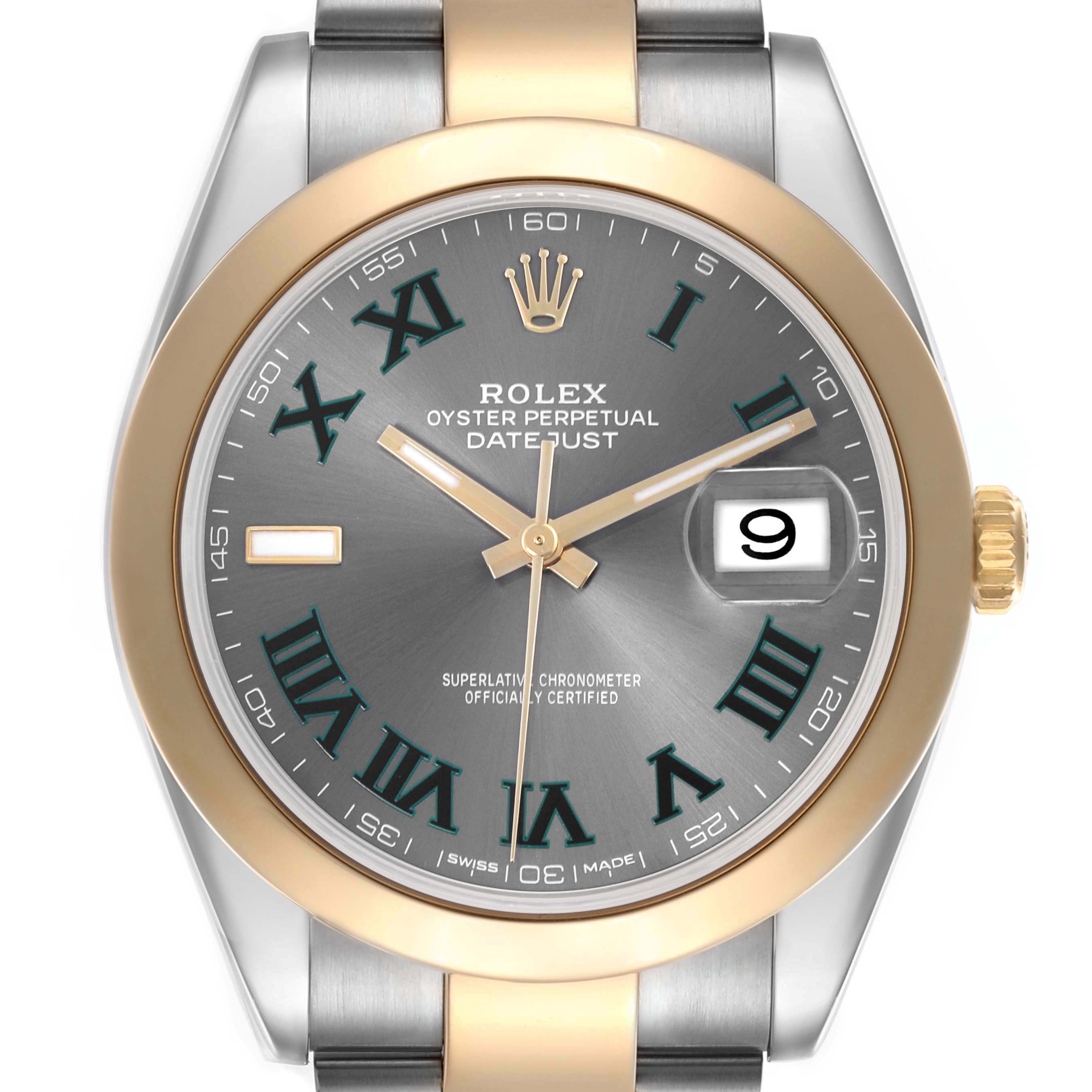 The Rolex Datejust 41 126303 Men's Steel and Gold (two tone) Grey Dial 126303 Men's Steel and Gold (two tone) Grey Dial is shown from a front angle, highlighting its bezel, dial, hands, and date window.