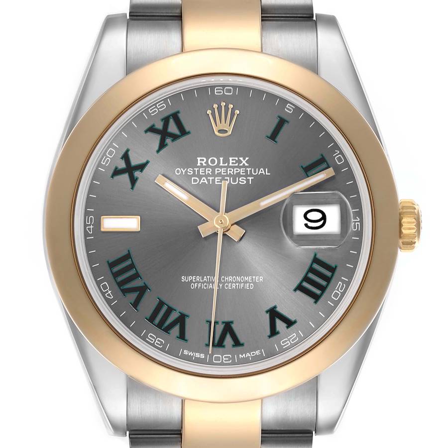 The Rolex Datejust 41 is shown from a front angle, highlighting its bezel, dial, hands, and date window.