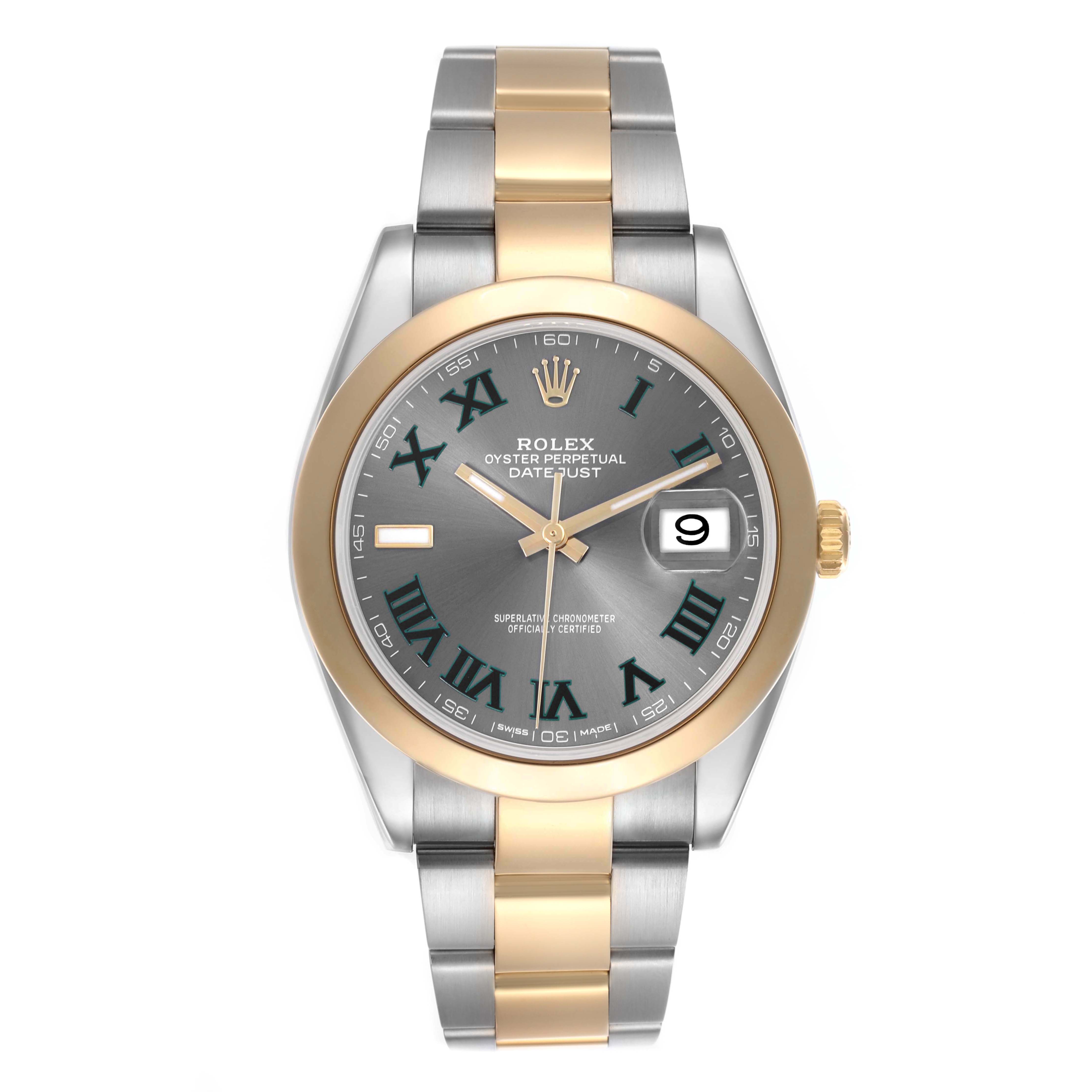 The Rolex Datejust 41 126303 Men's Steel and Gold (two tone) Grey Dial 126303 Men's Steel and Gold (two tone) Grey Dial is shown from a front angle, highlighting its two-tone bracelet, dial, and date feature.