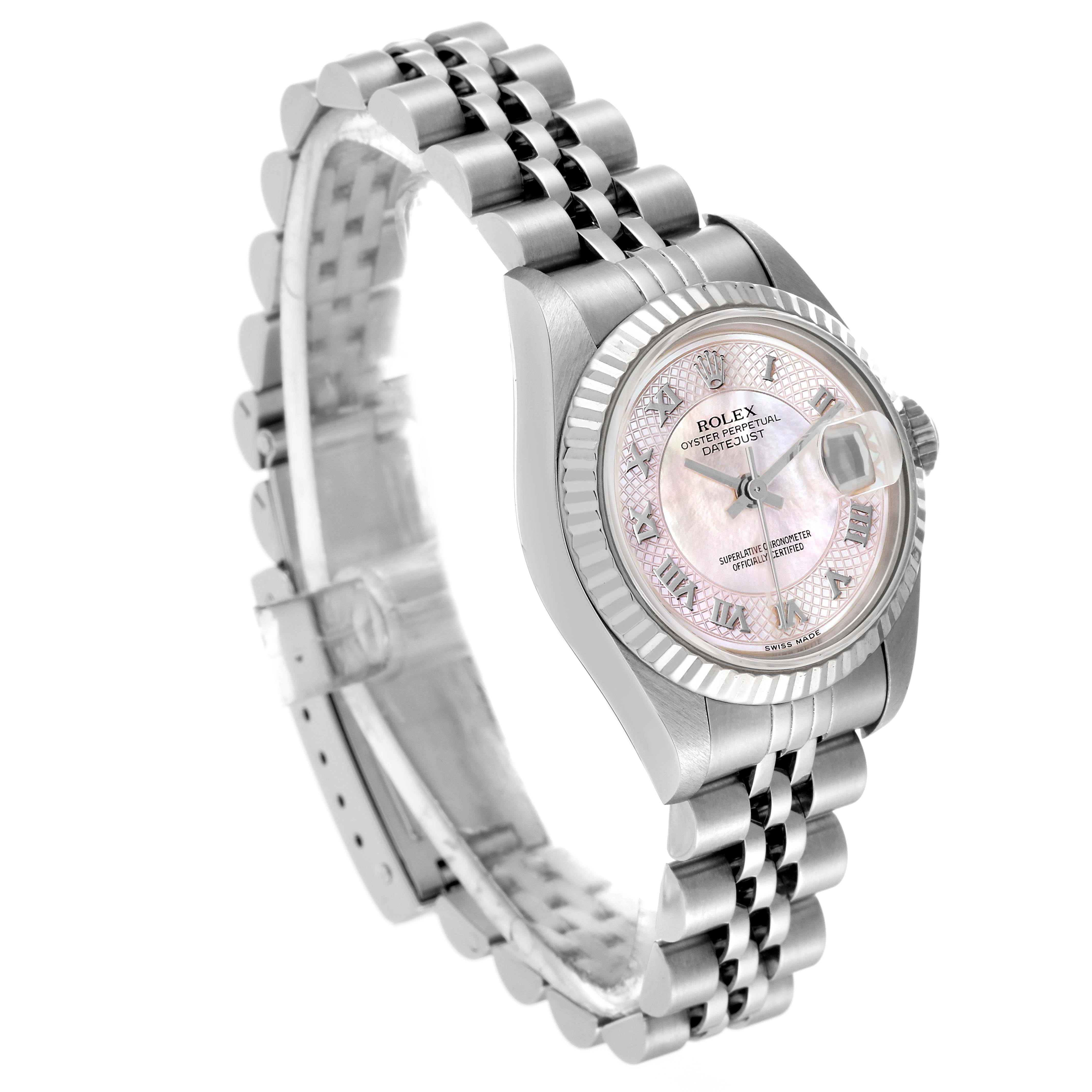 The Rolex Datejust 79174 Women's Stainless Steel Mother of Pearl Dial 79174 Women's Stainless Steel Mother of Pearl Dial watch is shown at an angled side view, displaying its face, bezel, and bracelet.