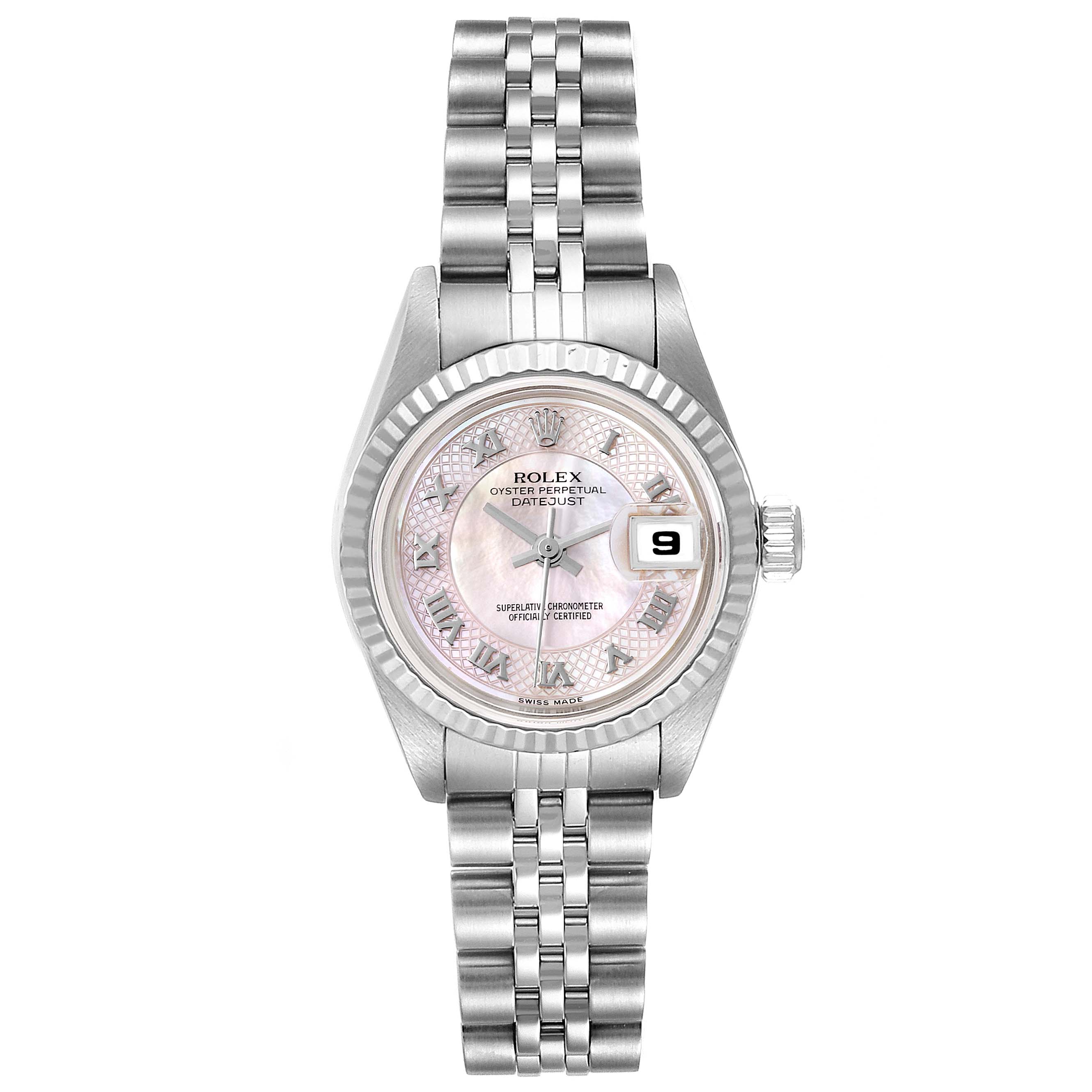This image shows a full front view of the Rolex Datejust 79174 Women's Stainless Steel Mother of Pearl Dial 79174 Women's Stainless Steel Mother of Pearl Dial watch, including its dial, bezel, case, and bracelet.