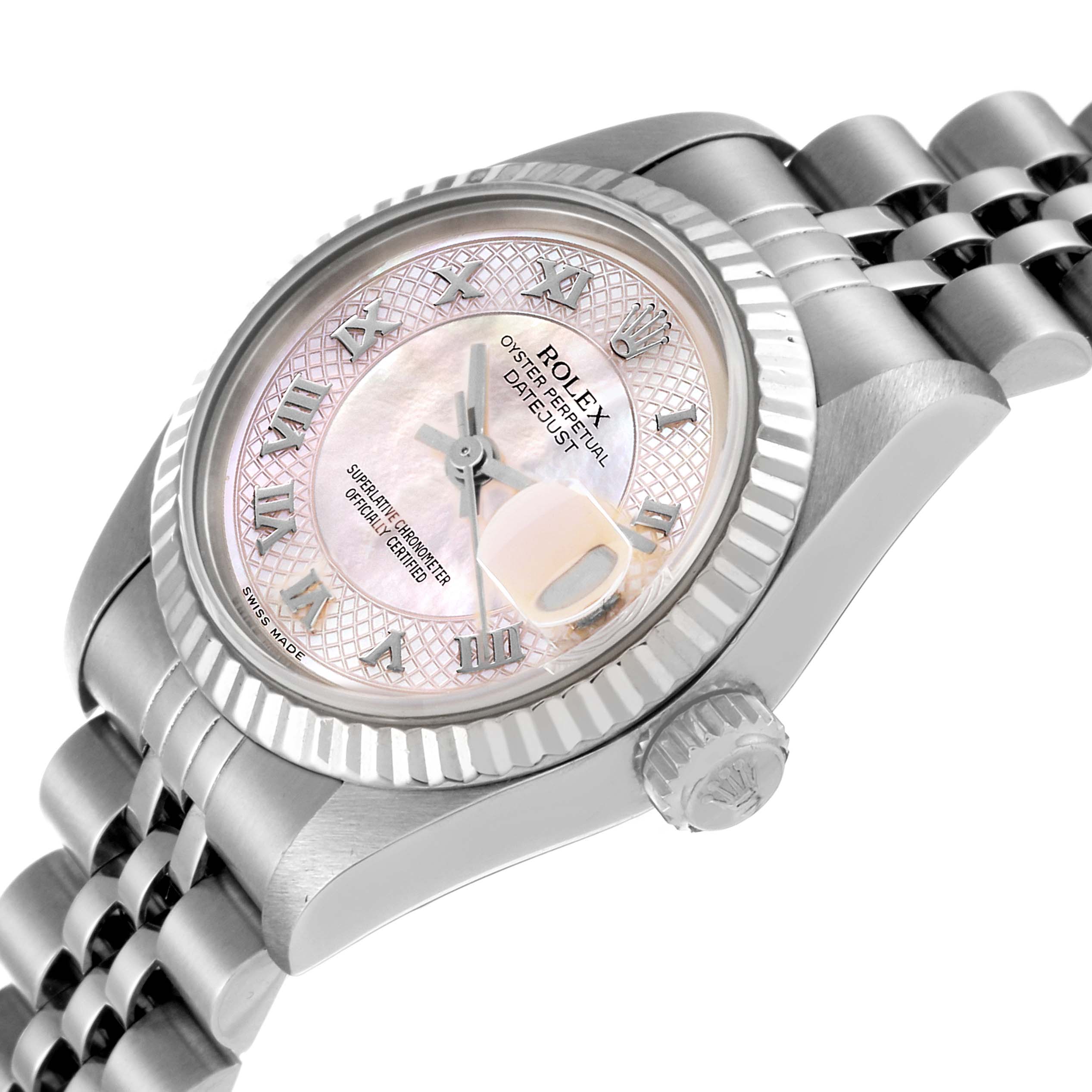 The image shows a close-up angled view of the Rolex Datejust 79174 Women's Stainless Steel Mother of Pearl Dial 79174 Women's Stainless Steel Mother of Pearl Dial watch featuring the face, bezel, and part of the bracelet.