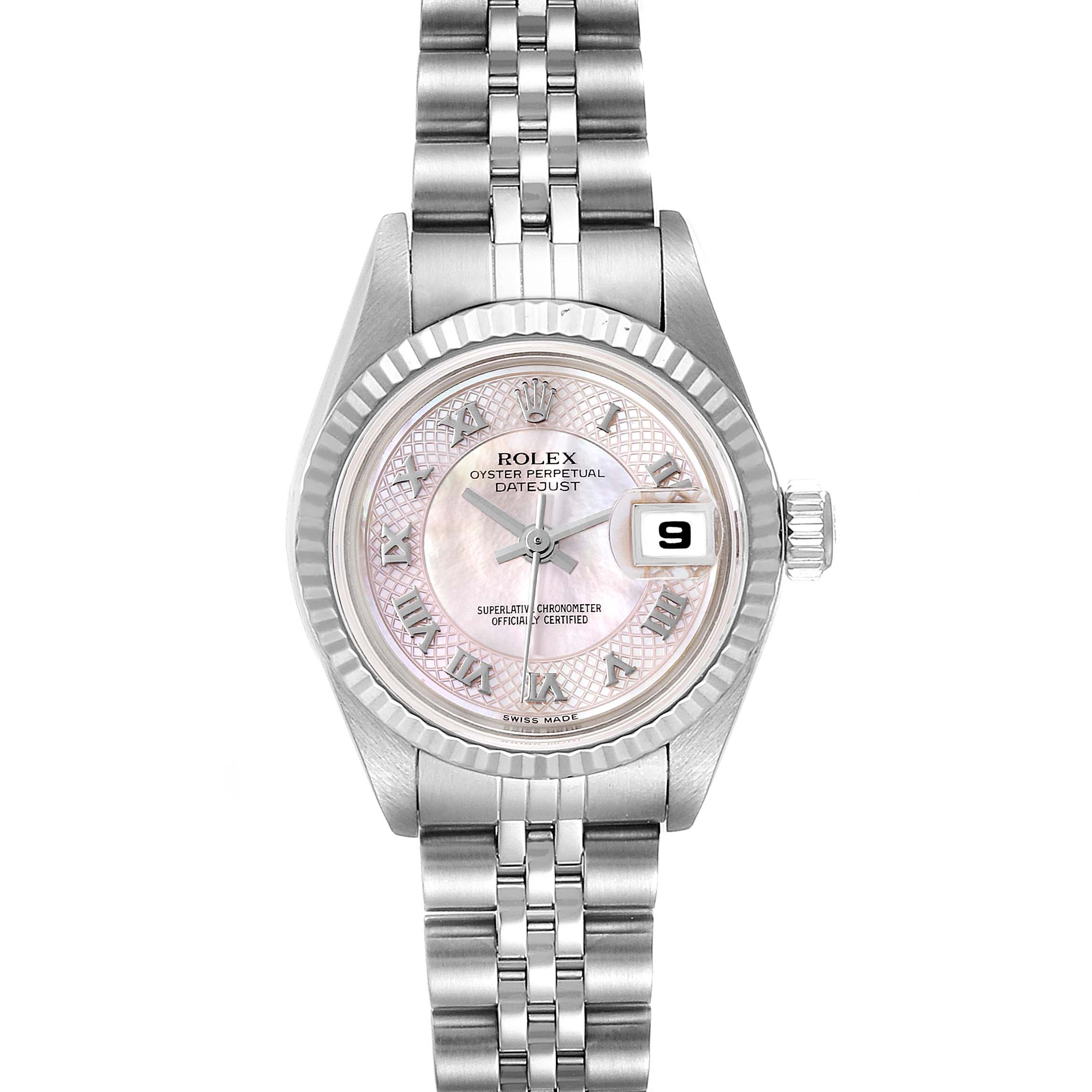 This image shows a front view of a Rolex Datejust 79174 Women's Stainless Steel Mother of Pearl Dial 79174 Women's Stainless Steel Mother of Pearl Dial watch, highlighting its dial, bezel, date window, and bracelet.