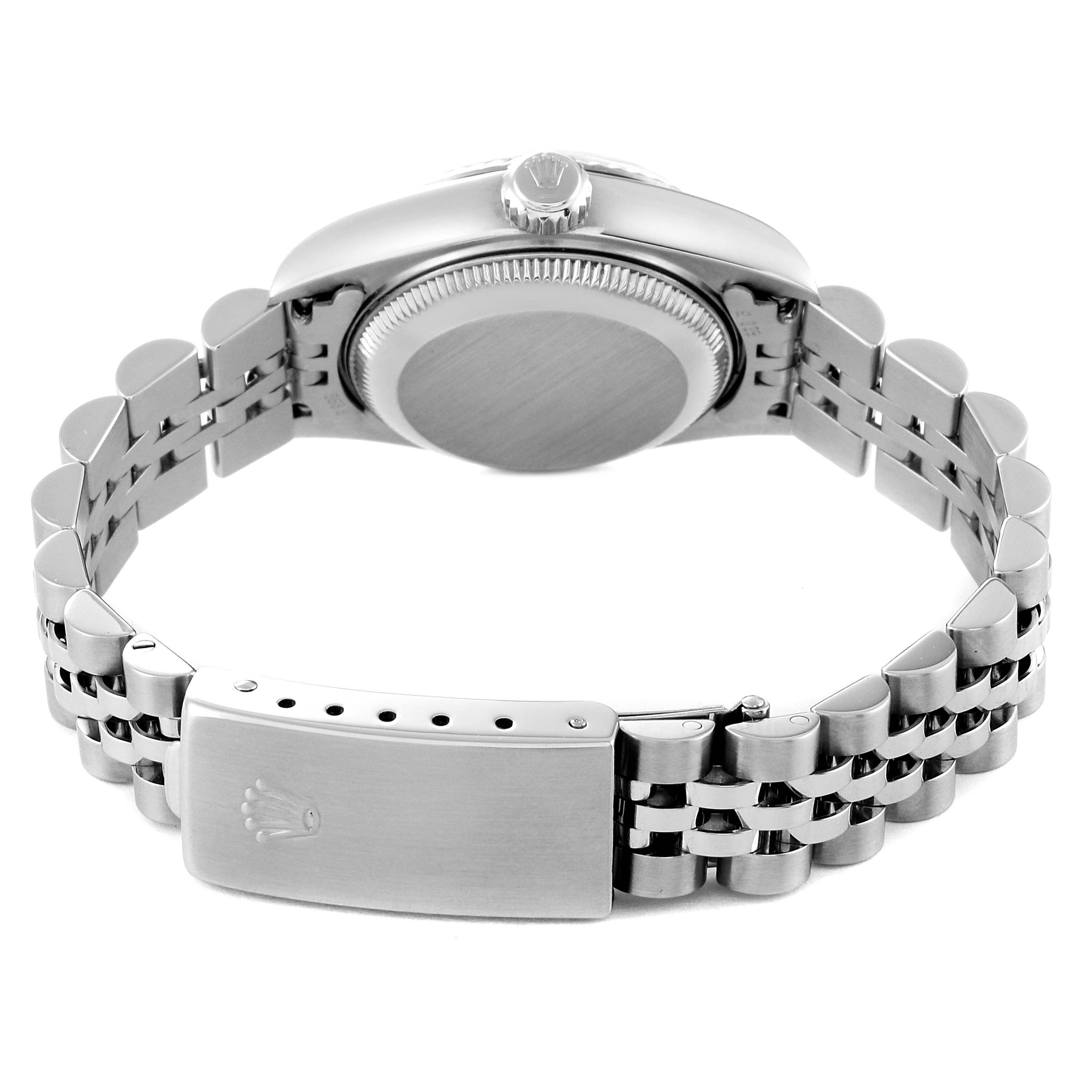 The image shows the back view of the Rolex Datejust 79174 Women's Stainless Steel Mother of Pearl Dial 79174 Women's Stainless Steel Mother of Pearl Dial watch, highlighting the case back, bracelet, and clasp.