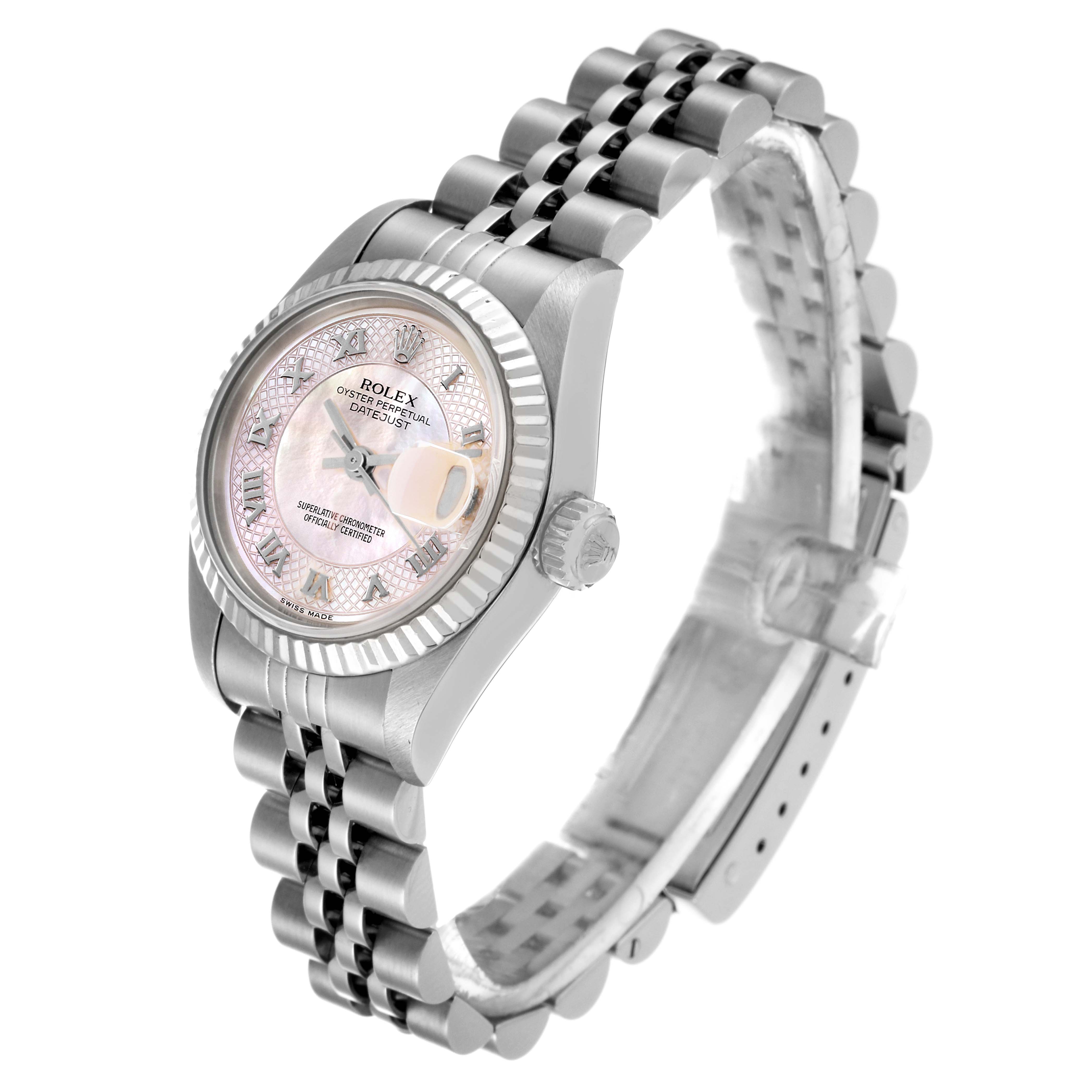 The image shows a Rolex Datejust 79174 Women's Stainless Steel Mother of Pearl Dial 79174 Women's Stainless Steel Mother of Pearl Dial watch at a right-side angle, highlighting the face, bezel, case, and part of the bracelet.