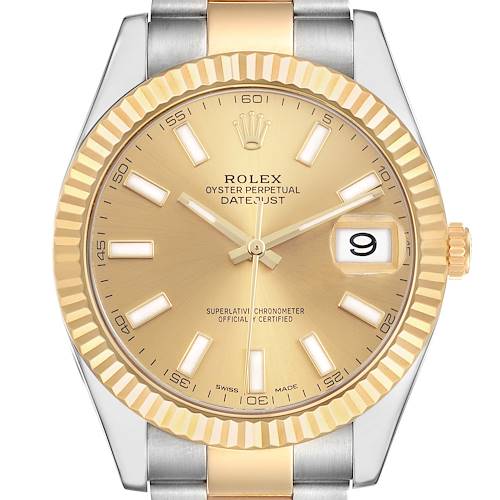 The Rolex Datejust 41 is shown from the front, displaying its gold dial, fluted bezel, and part of the bracelet.