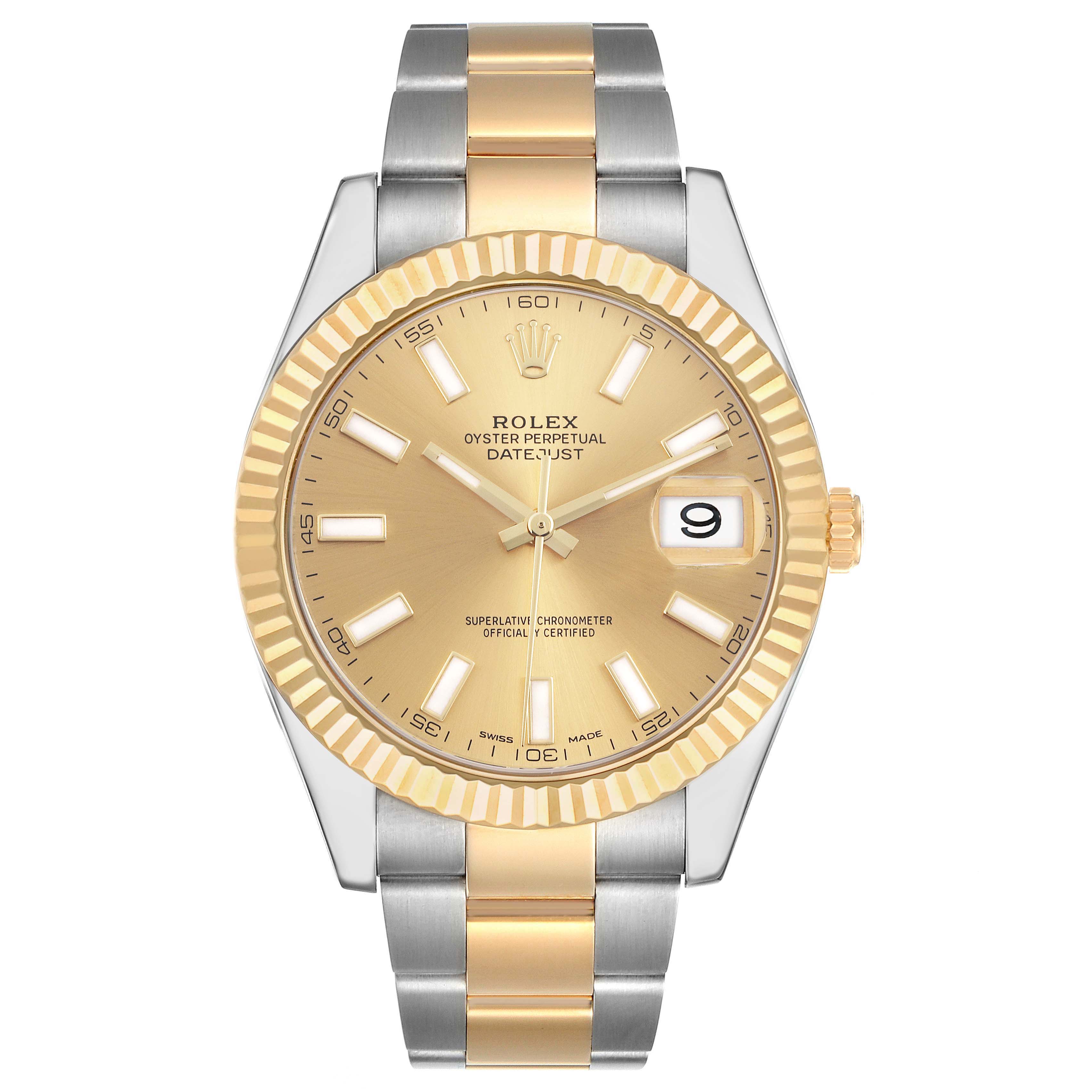 The Rolex Datejust 41 116333 Men
s Steel and Gold (two tone) Champagne Dial 116333 Men
s Steel and Gold (two tone) Champagne Dial is shown from a top-down angle, highlighting its gold and silver bracelet, gold bezel, and champagne dial.