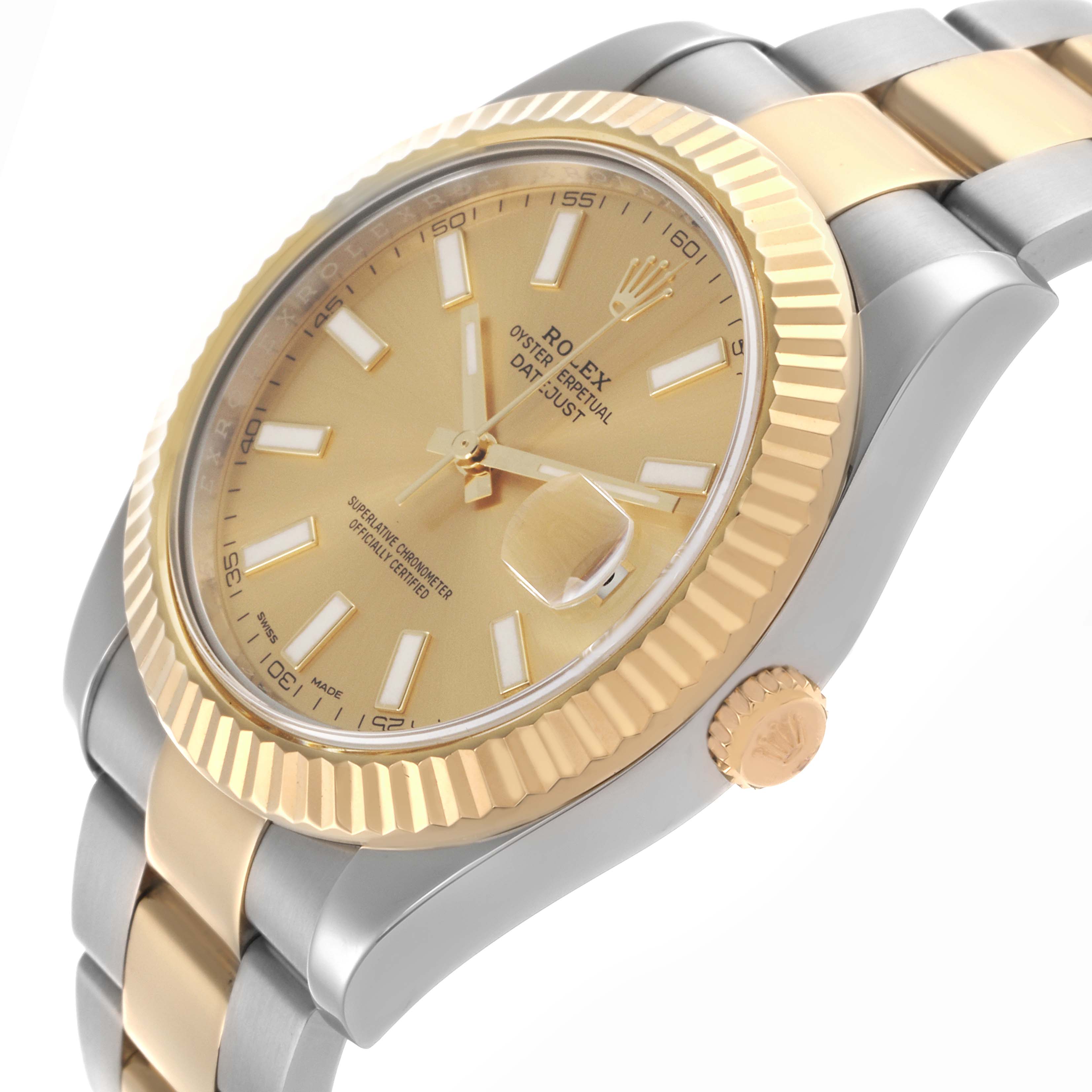 The Rolex Datejust 41 116333 Men
s Steel and Gold (two tone) Champagne Dial 116333 Men
s Steel and Gold (two tone) Champagne Dial is shown at a slight angle highlighting the dial, fluted bezel, crown, and two-tone bracelet.
