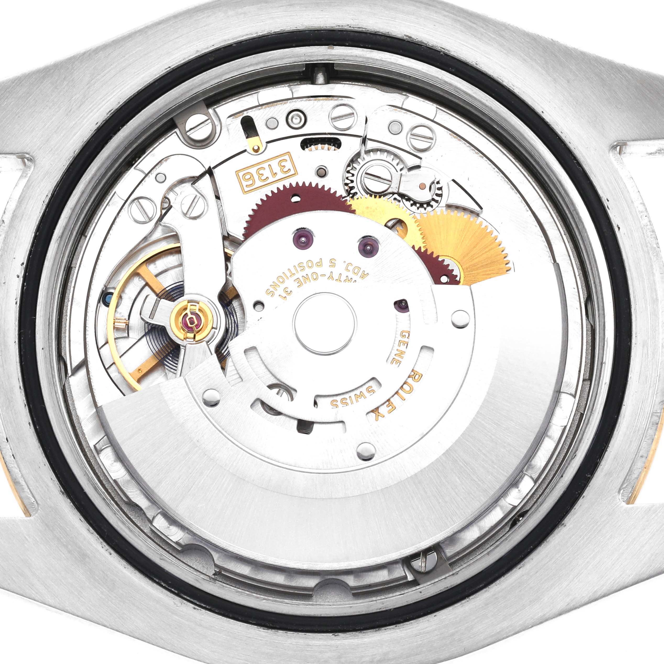 The image shows the back view of the Rolex Datejust 41 116333 Men
s Steel and Gold (two tone) Champagne Dial 116333 Men
s Steel and Gold (two tone) Champagne Dial, highlighting the movement and internal mechanics.