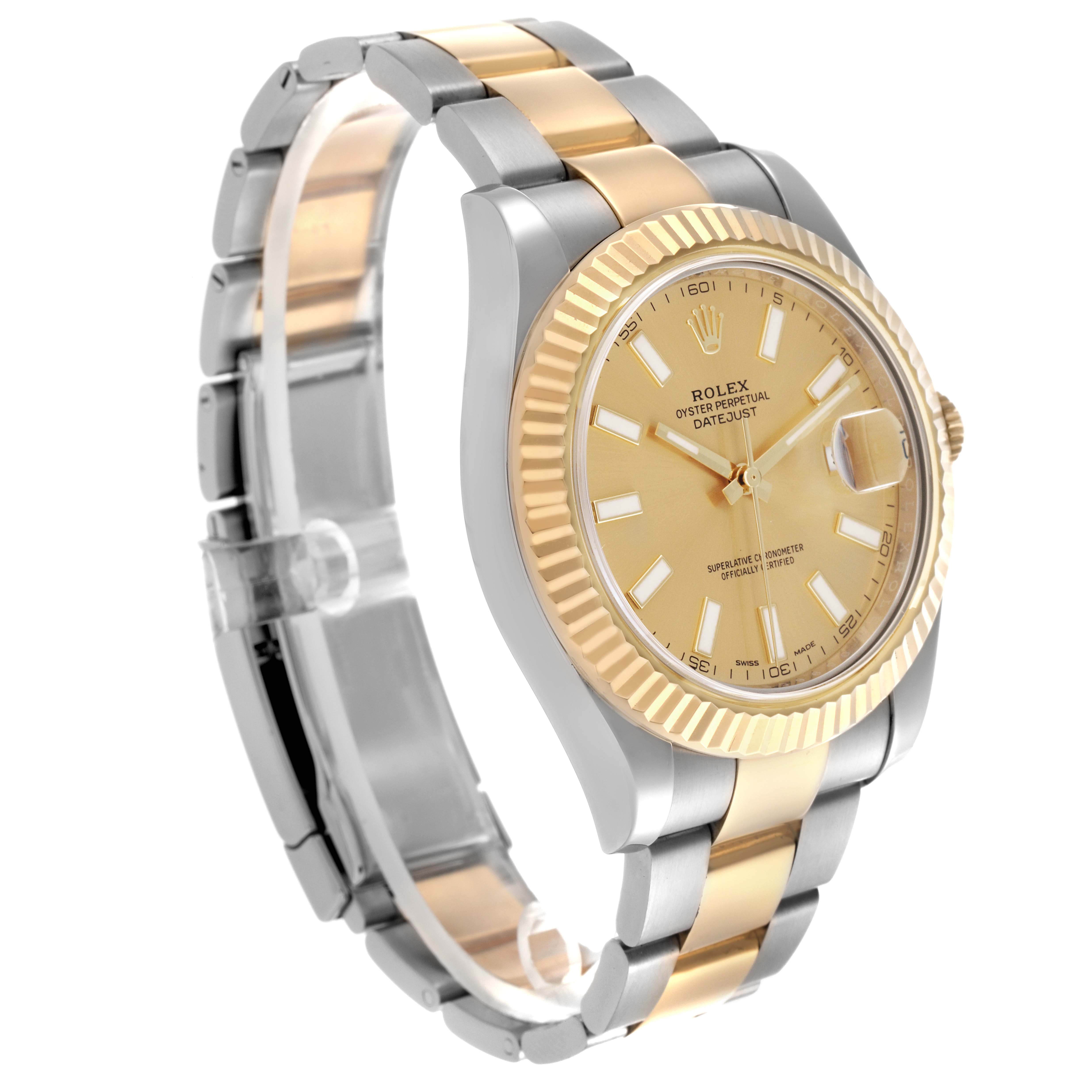 The Rolex Datejust 41 116333 Men
s Steel and Gold (two tone) Champagne Dial 116333 Men
s Steel and Gold (two tone) Champagne Dial watch is shown from a three-quarter angle, highlighting the gold and silver bracelet, dial, and fluted bezel.