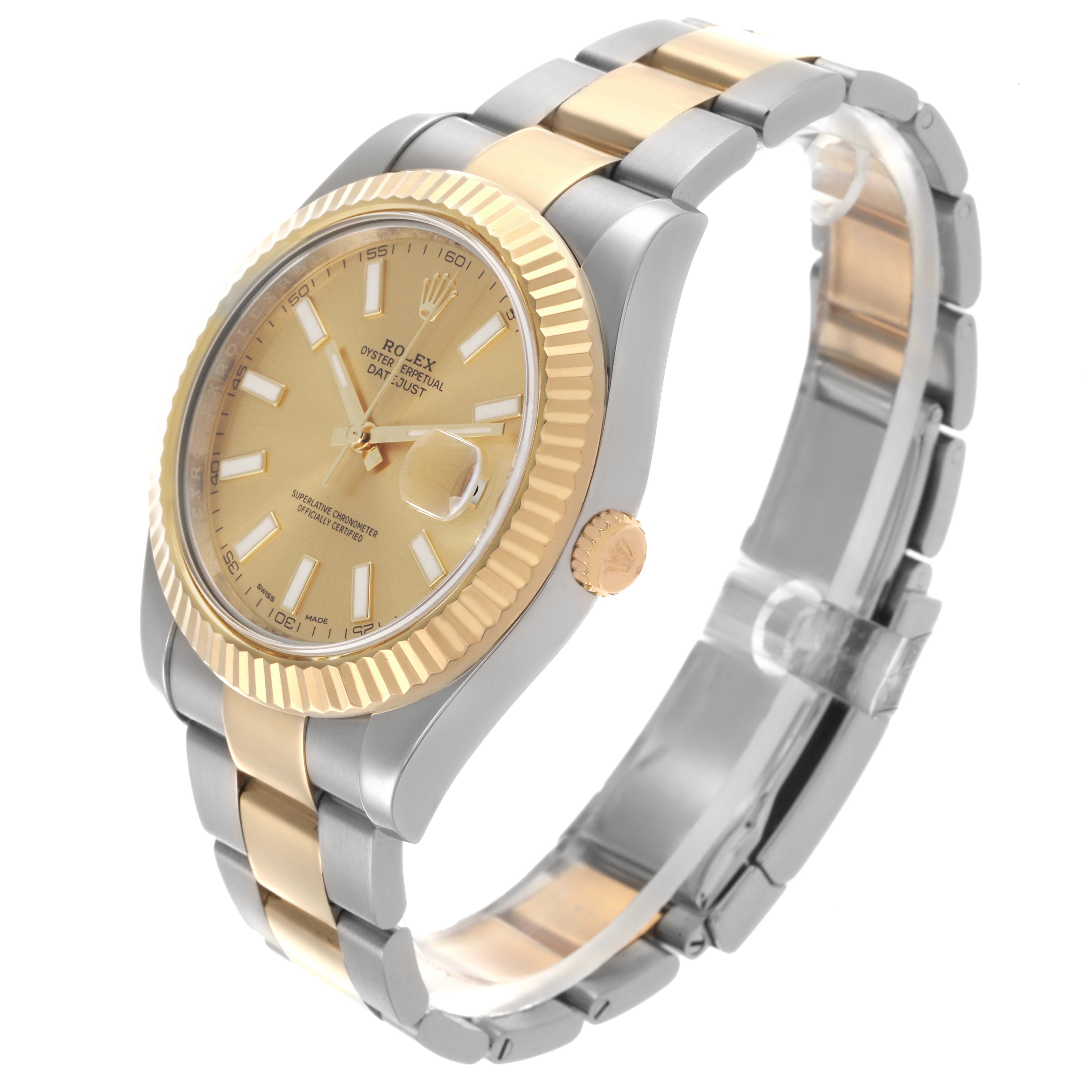 The Rolex Datejust 41 116333 Men
s Steel and Gold (two tone) Champagne Dial 116333 Men
s Steel and Gold (two tone) Champagne Dial is shown at an angle highlighting the dial, bracelet, and fluted bezel, featuring a two-tone design.