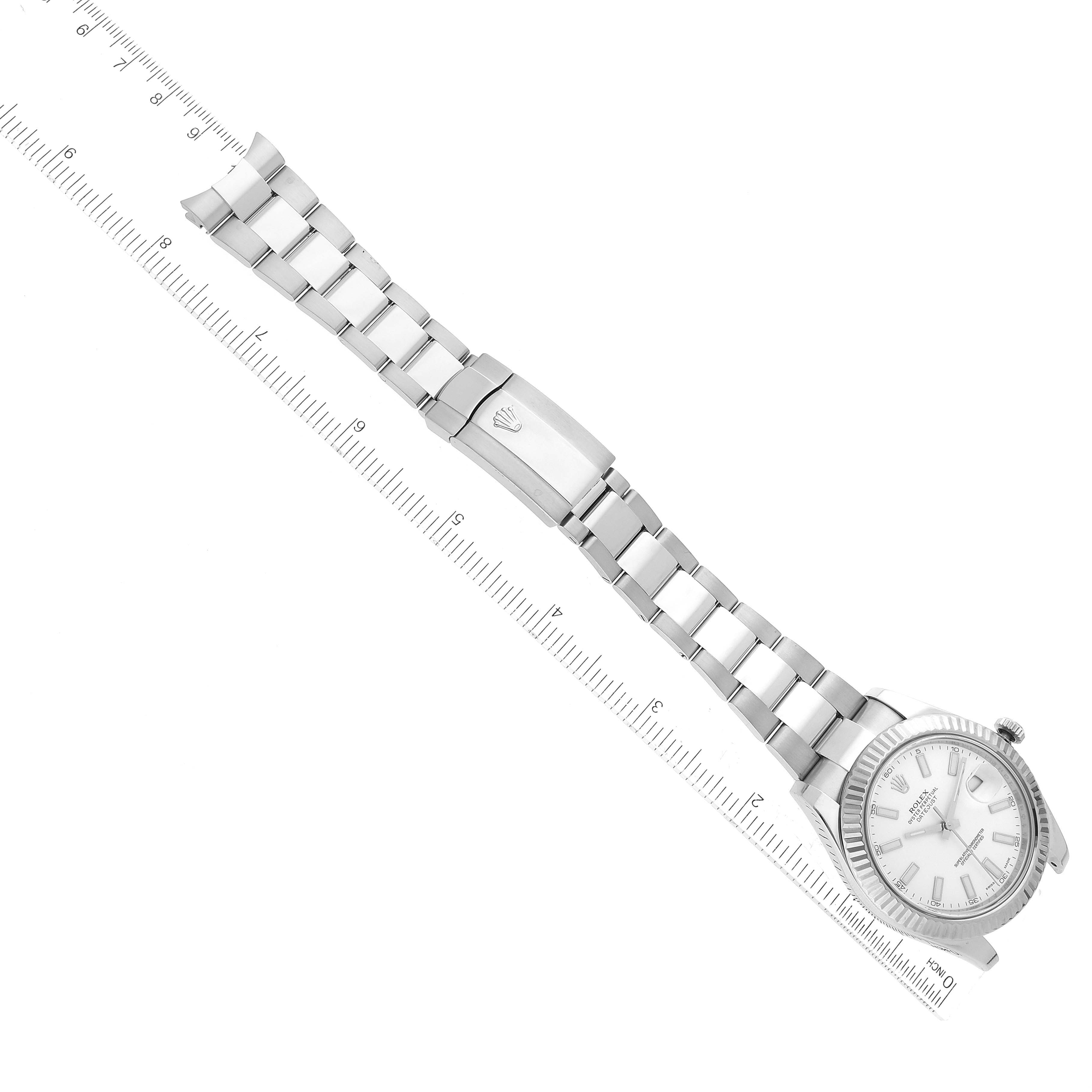 The image shows a full top-down view of a Rolex Datejust 41 116334 Men's Stainless Steel White Dial 116334 Men's Stainless Steel White Dial watch including its face, bracelet, and clasp.