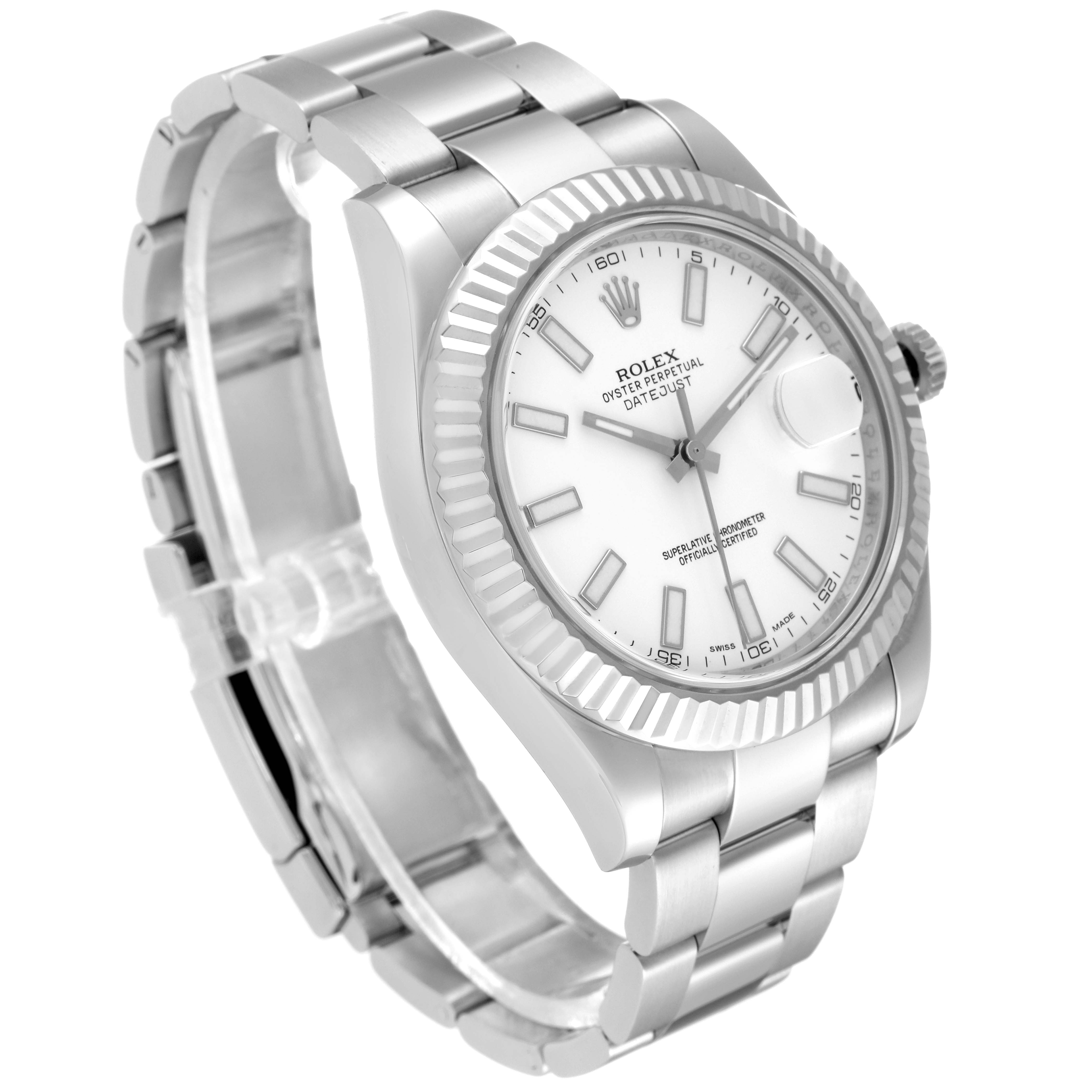 The Rolex Datejust 41 116334 Men's Stainless Steel White Dial 116334 Men's Stainless Steel White Dial model is shown in a three-quarter angle, highlighting its face, bezel, crown, and bracelet.