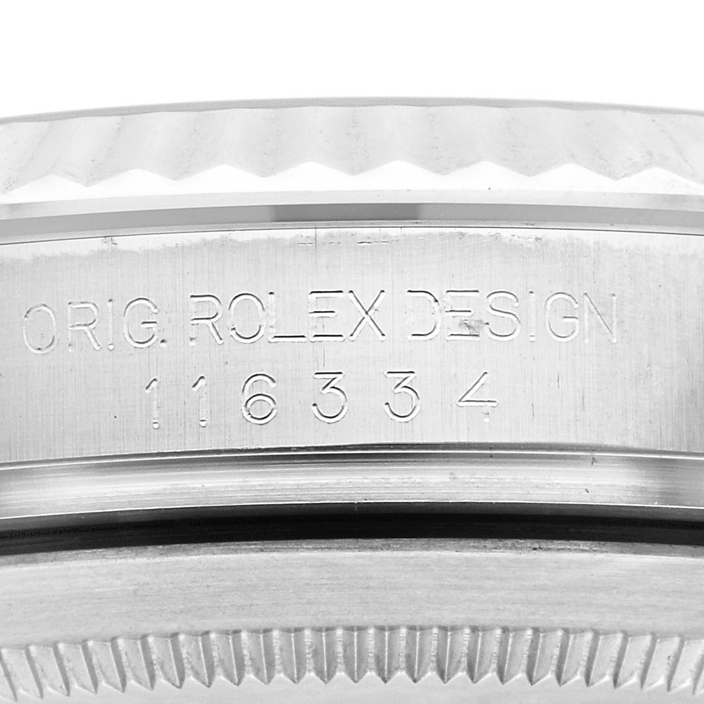 This image shows a close-up of the engraved model number on the side of the Rolex Datejust 41 116334 Men's Stainless Steel White Dial 116334 Men's Stainless Steel White Dial watch.