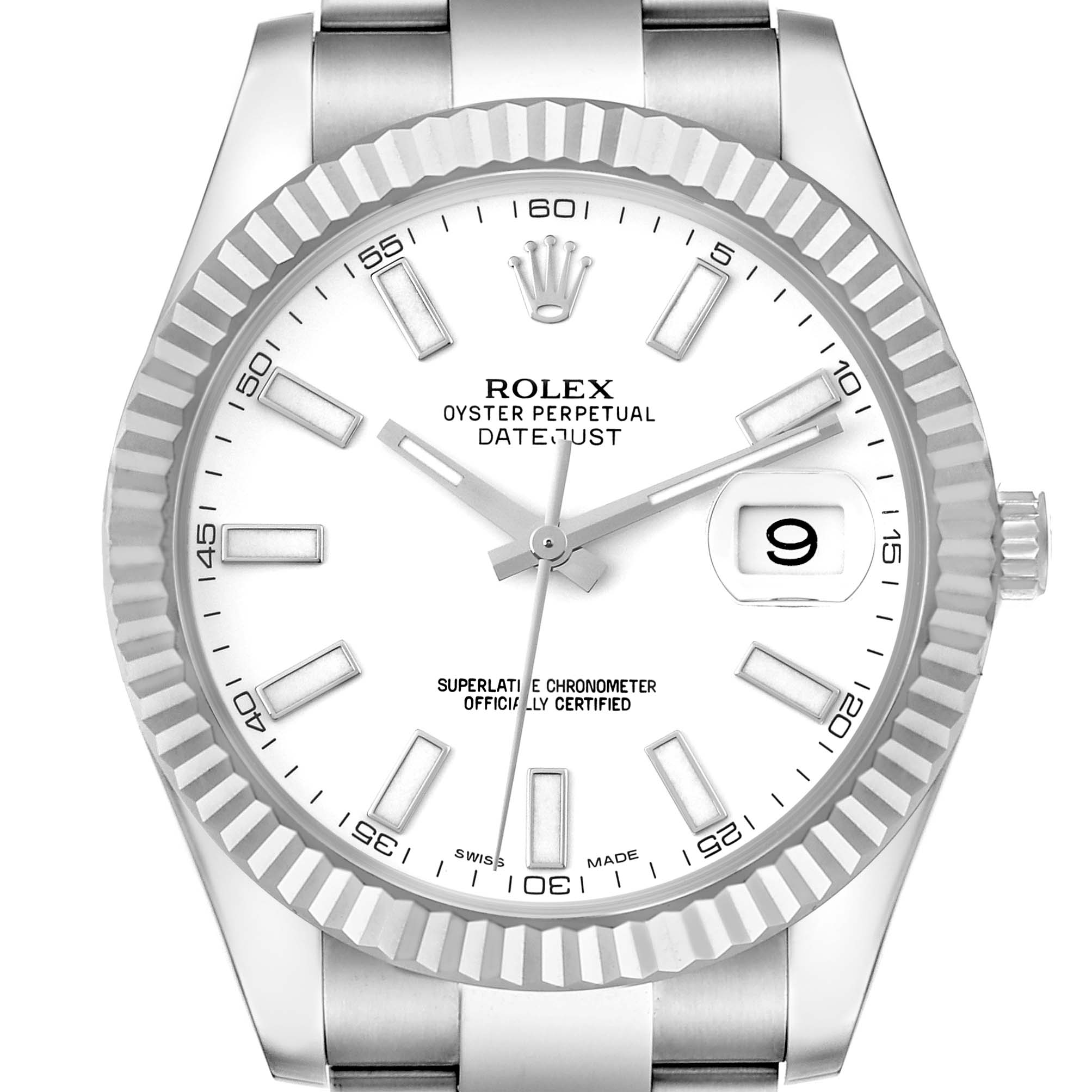 The image shows a front view of a Rolex Datejust 41 116334 Men's Stainless Steel White Dial 116334 Men's Stainless Steel White Dial watch's face, including hands, markers, date display, and fluted bezel.