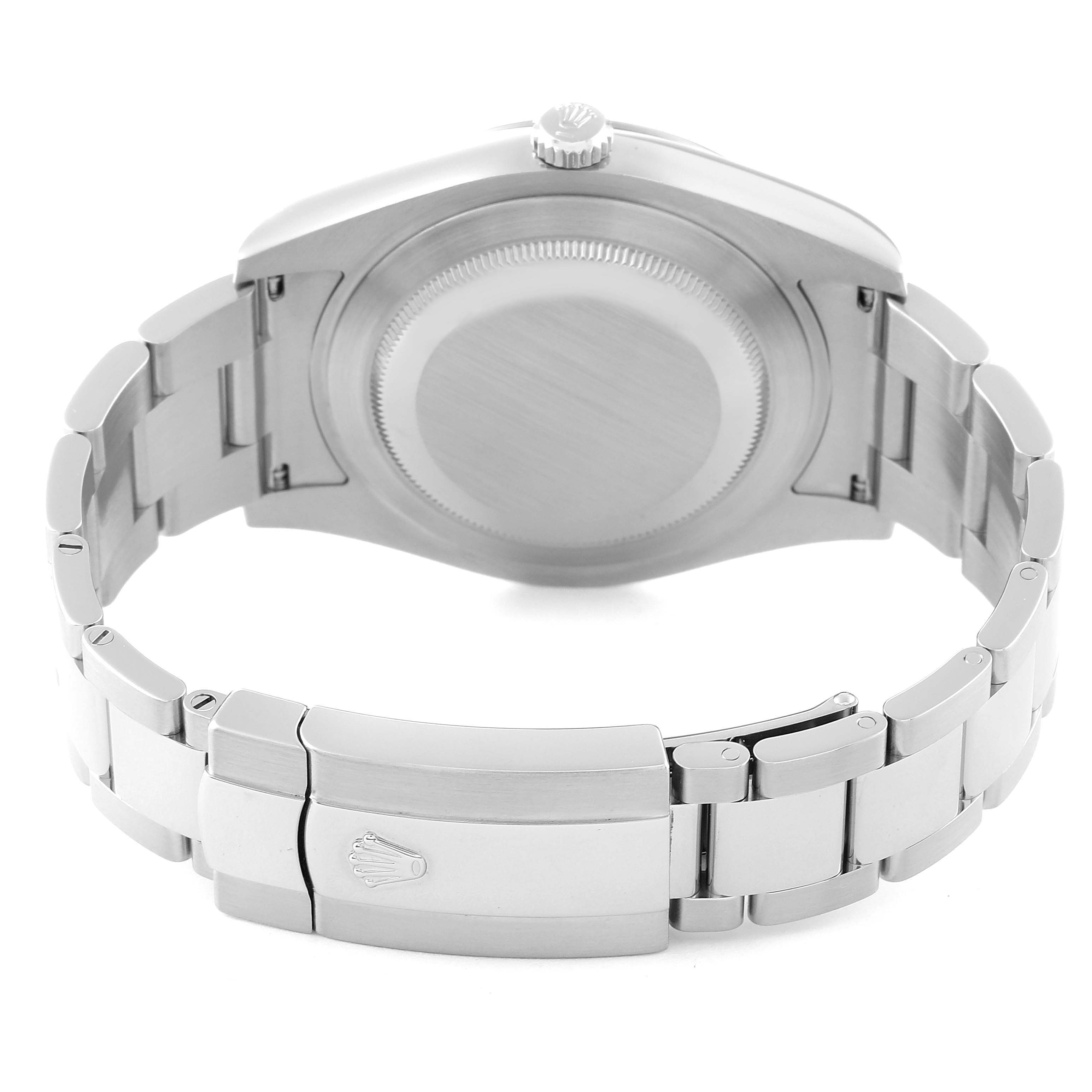 The image shows the back view of a Rolex Datejust 41 116334 Men's Stainless Steel White Dial 116334 Men's Stainless Steel White Dial, including the case back, crown, and bracelet with a clasp.