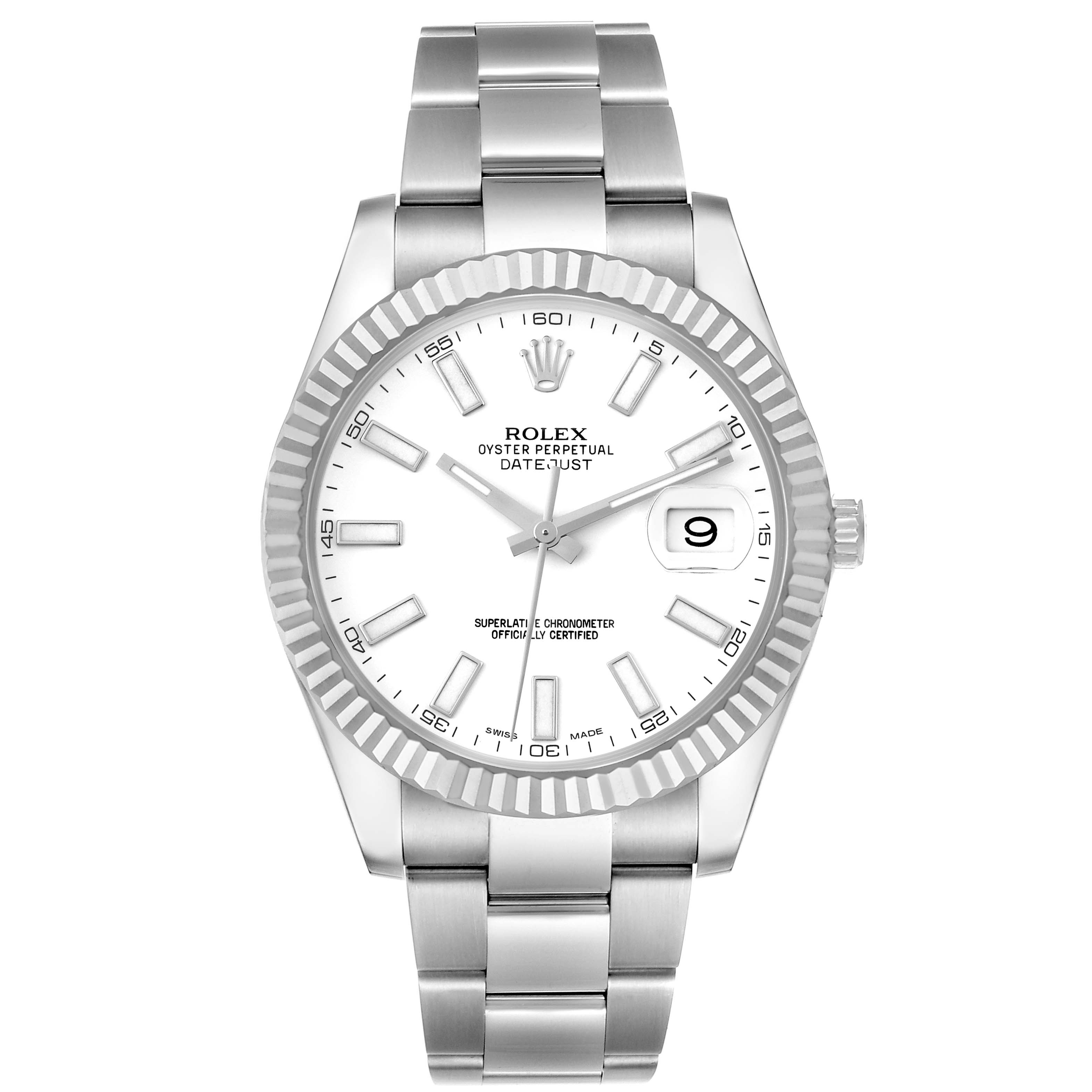 The Rolex Datejust 41 116334 Men's Stainless Steel White Dial 116334 Men's Stainless Steel White Dial is shown from the front, displaying its white dial, fluted bezel, and stainless steel bracelet.