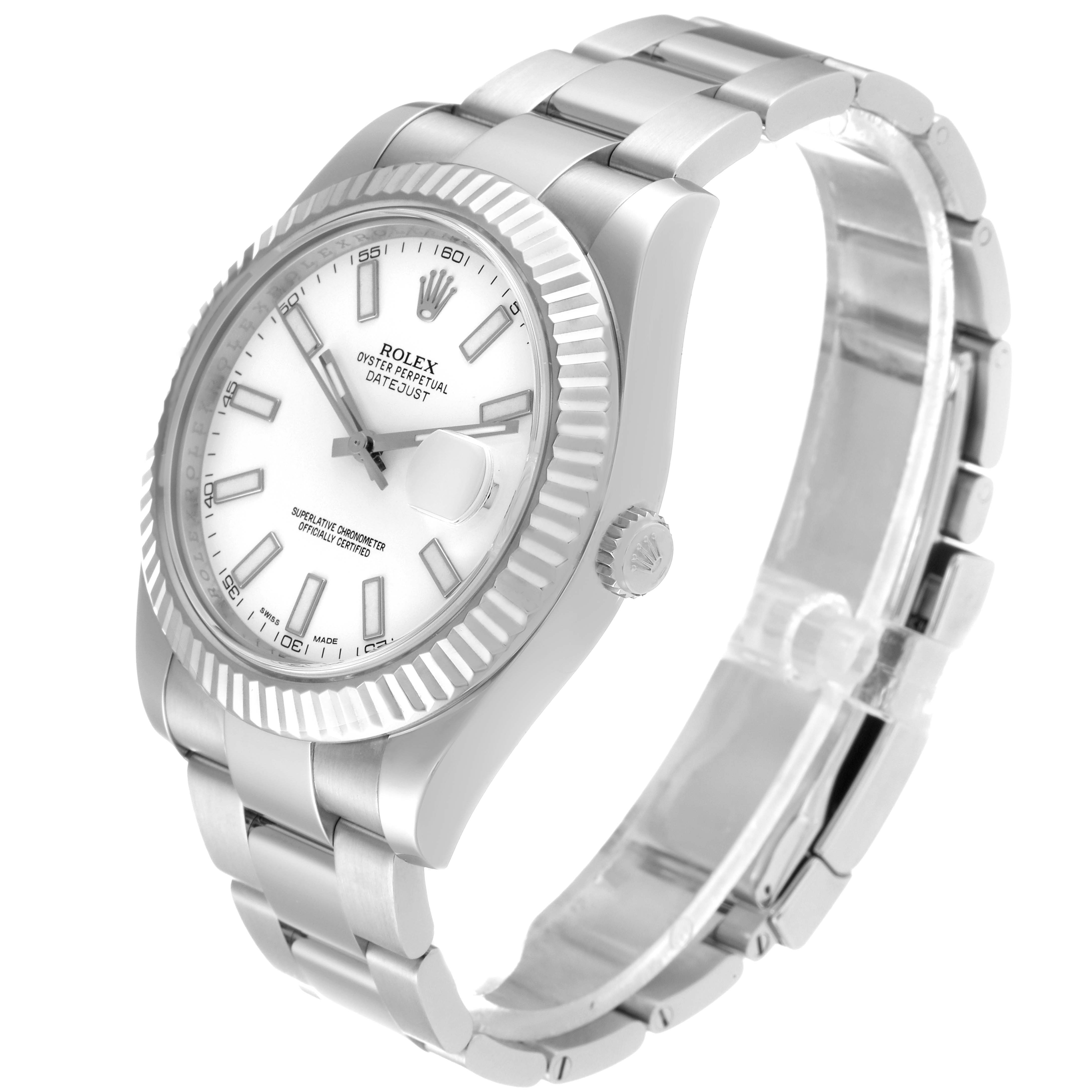 The image shows a Rolex Datejust 41 116334 Men's Stainless Steel White Dial 116334 Men's Stainless Steel White Dial watch angled slightly to the right, highlighting the face, bezel, crown, and part of the bracelet.