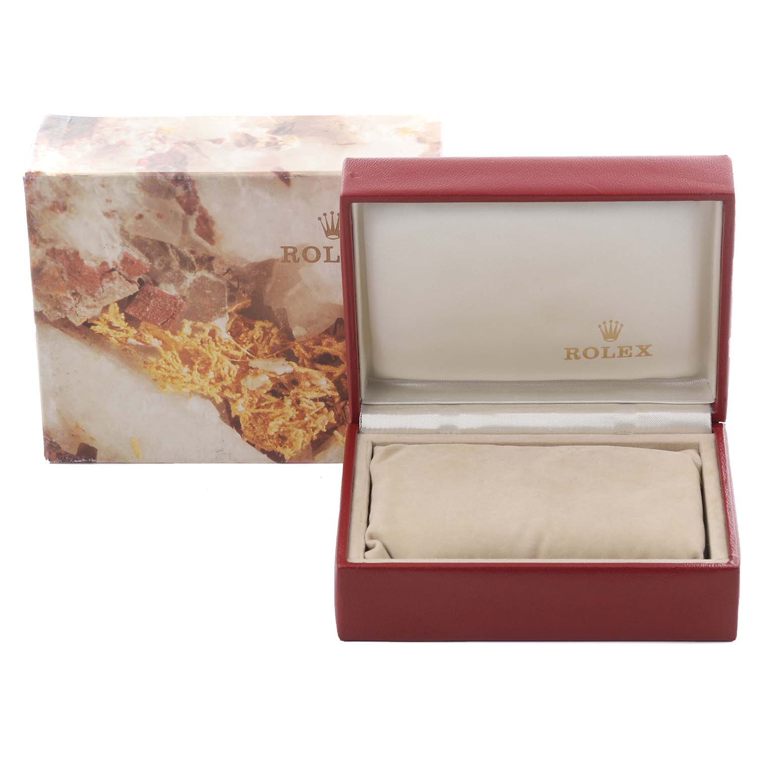 The image shows a Rolex Datejust 69173 Women's Steel and Gold (two tone) Champagne Dial 69173 Women's Steel and Gold (two tone) Champagne Dial box set with the open red leather case and a closed outer cardboard box.