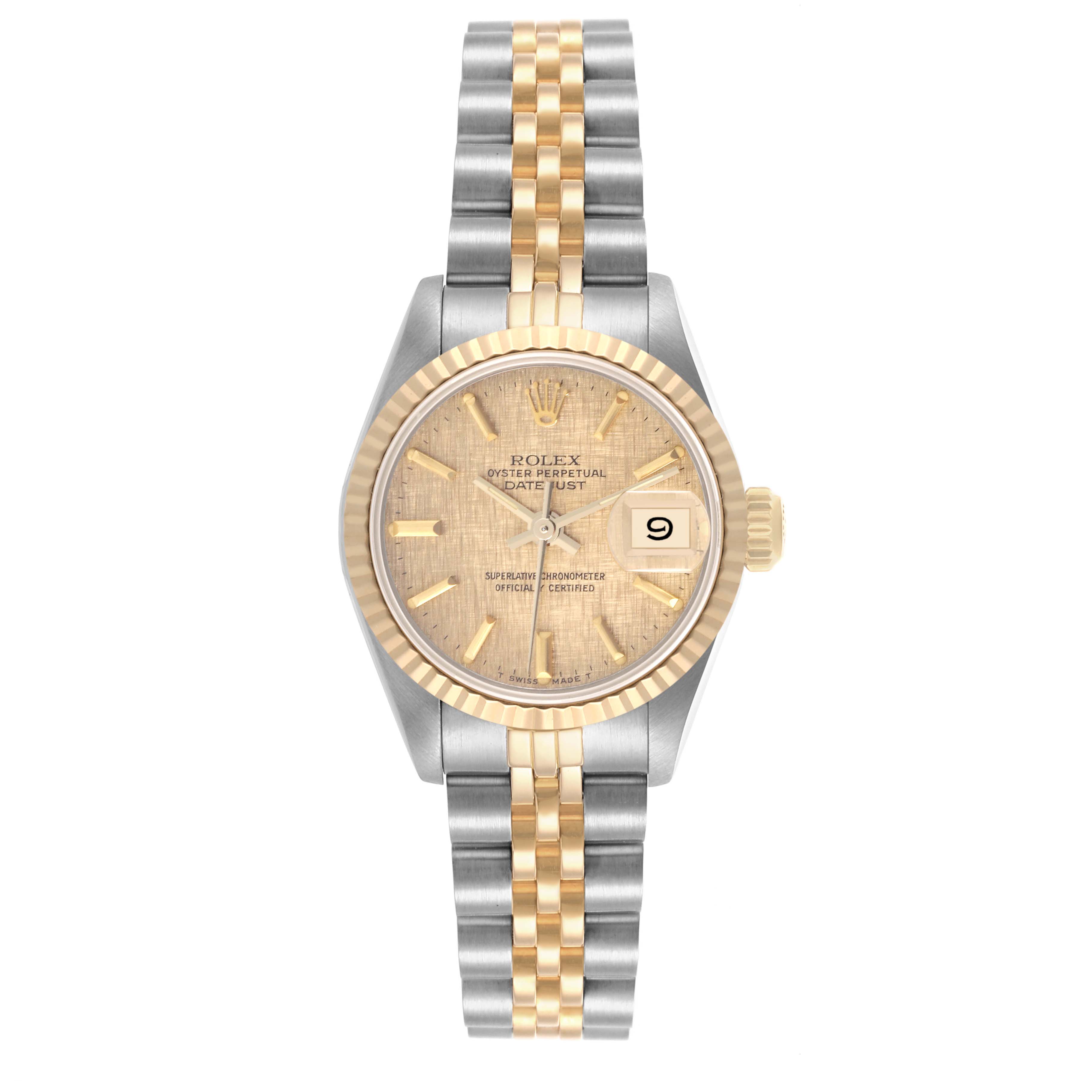 The Rolex Datejust 69173 Women's Steel and Gold (two tone) Champagne Dial 69173 Women's Steel and Gold (two tone) Champagne Dial watch is shown from the front, displaying its bezel, dial, crown, and two-tone bracelet.