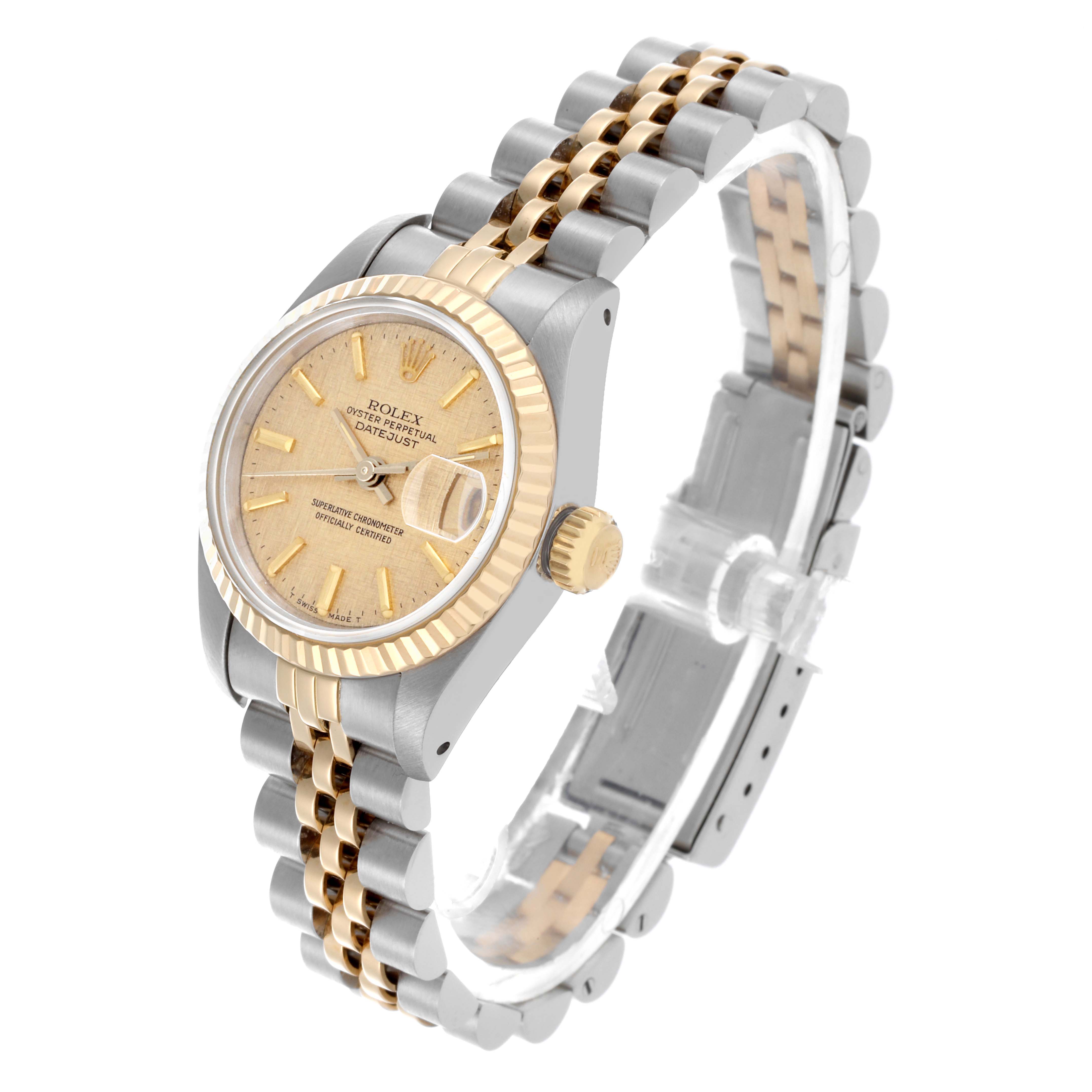 The Rolex Datejust 69173 Women's Steel and Gold (two tone) Champagne Dial 69173 Women's Steel and Gold (two tone) Champagne Dial watch is shown at a three-quarter angle, displaying its face, bezel, crown, and two-tone jubilee bracelet.